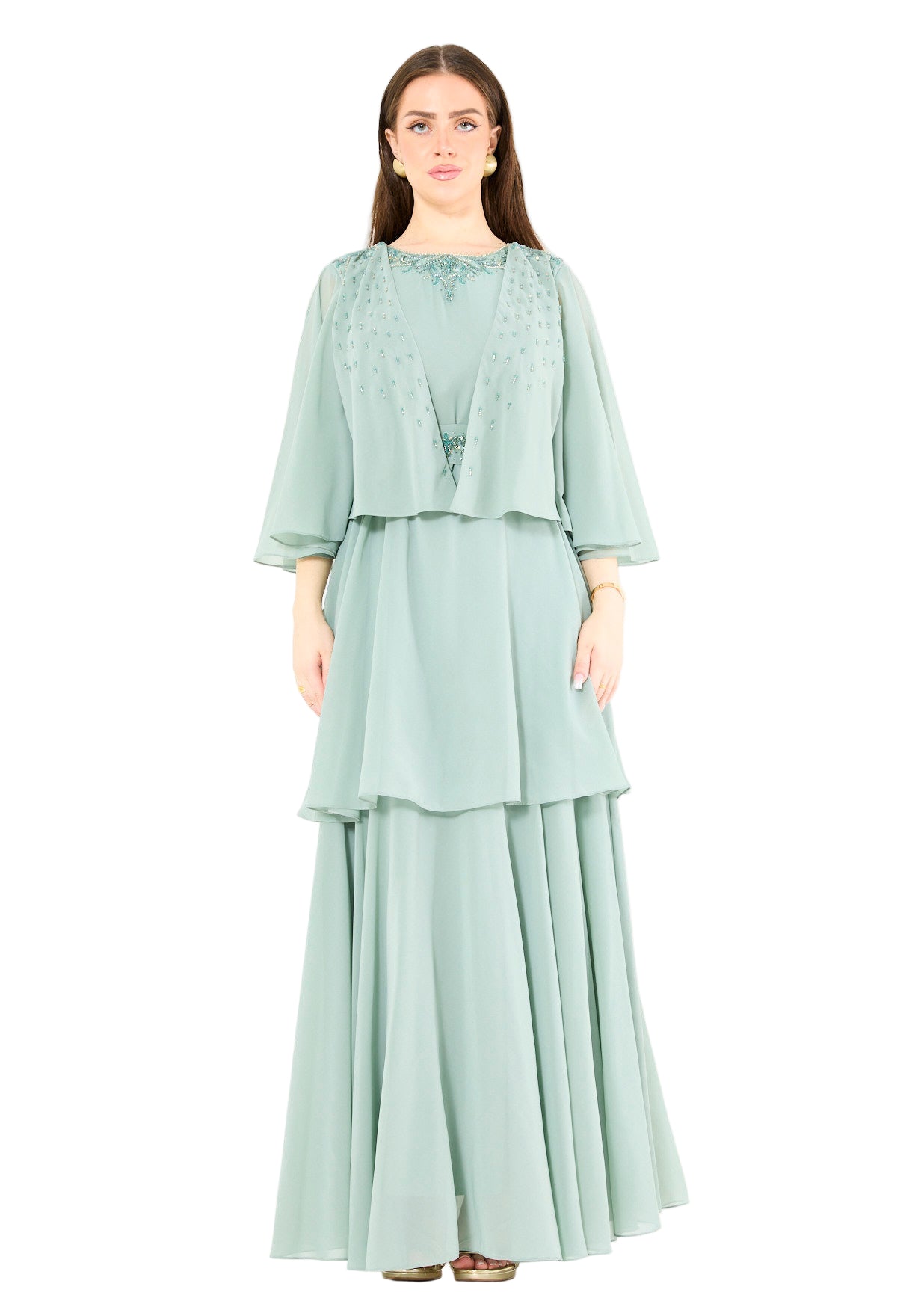 Embellished Layered Gown with Overlay Flared Sleeves