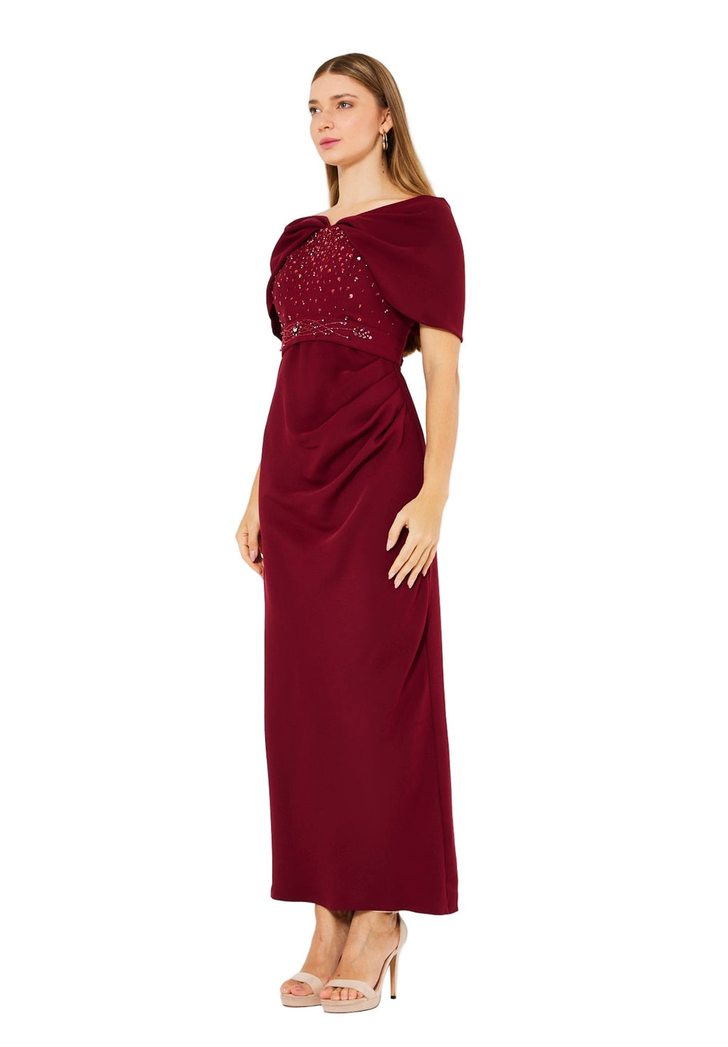 Off-The-Shoulder Draped Embellished Crepe Gown
