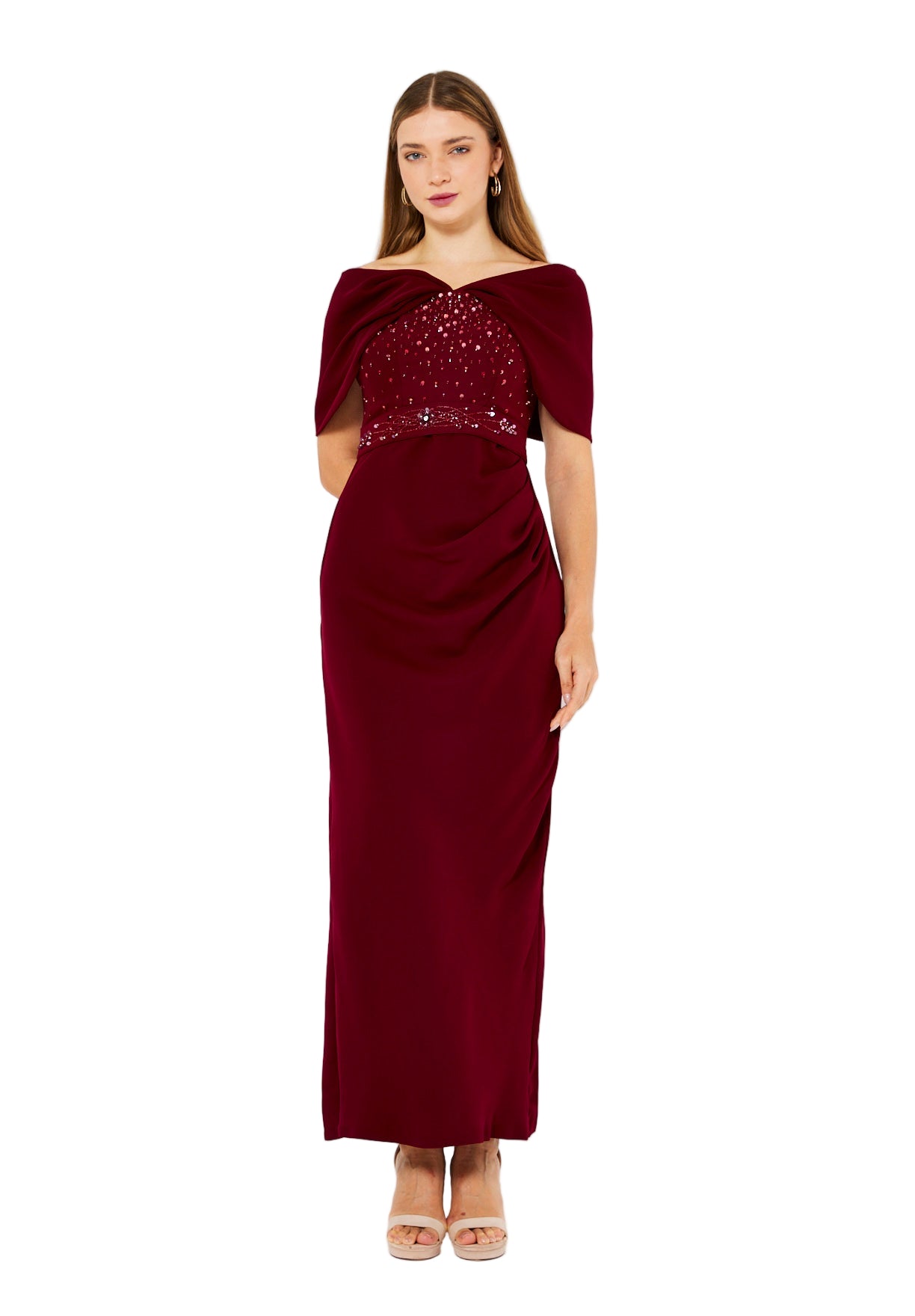 Off-The-Shoulder Draped Embellished Crepe Gown