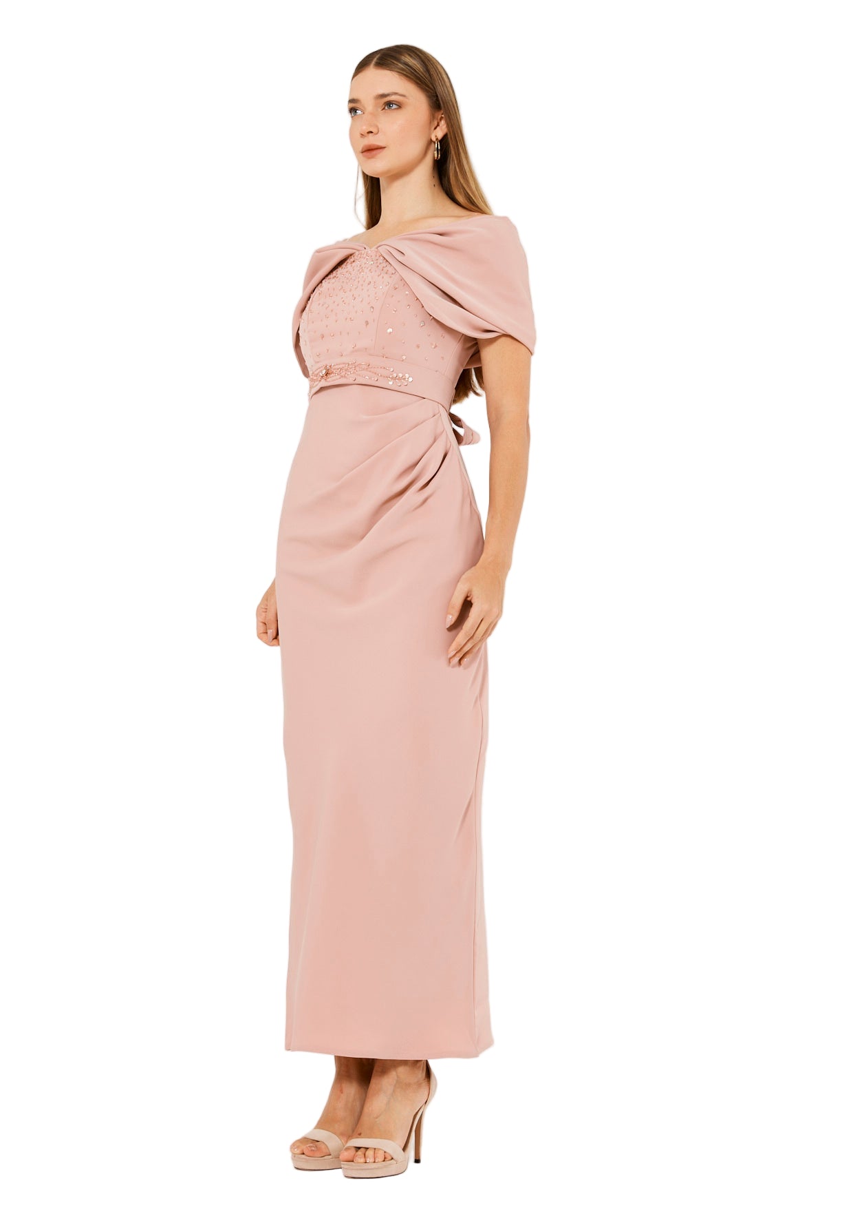 Off-The-Shoulder Draped Embellished Crepe Gown