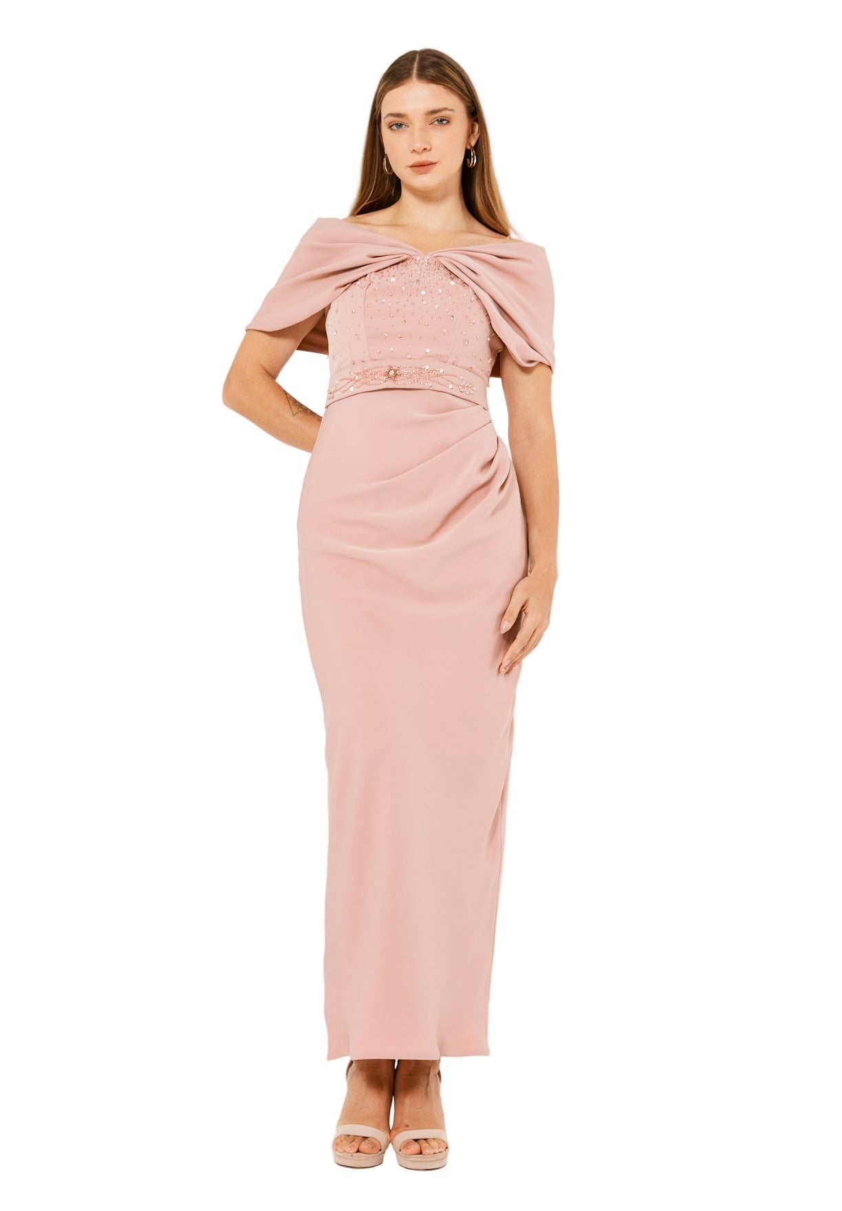 Off-The-Shoulder Draped Embellished Crepe Gown