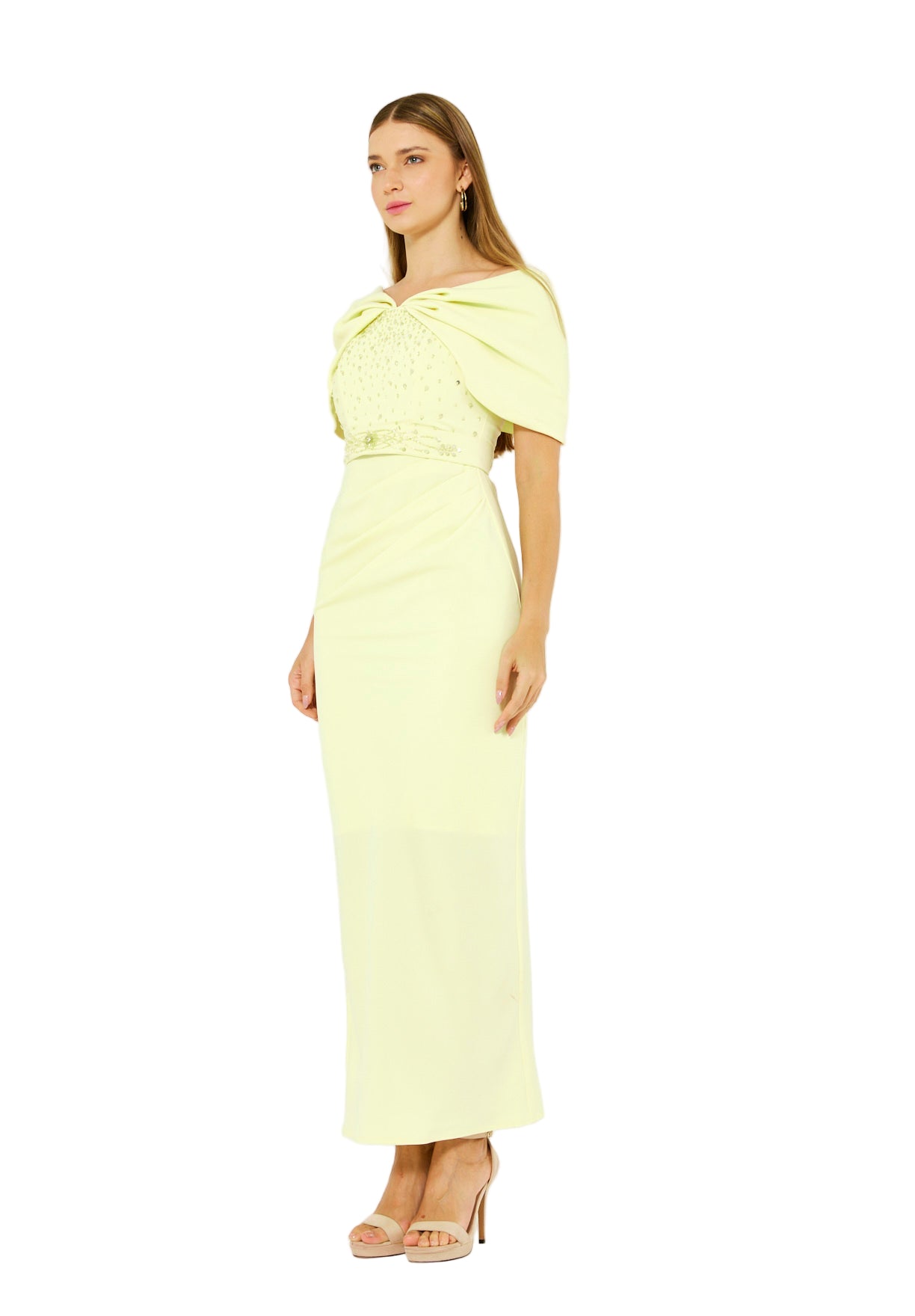 Off-The-Shoulder Draped Embellished Crepe Gown