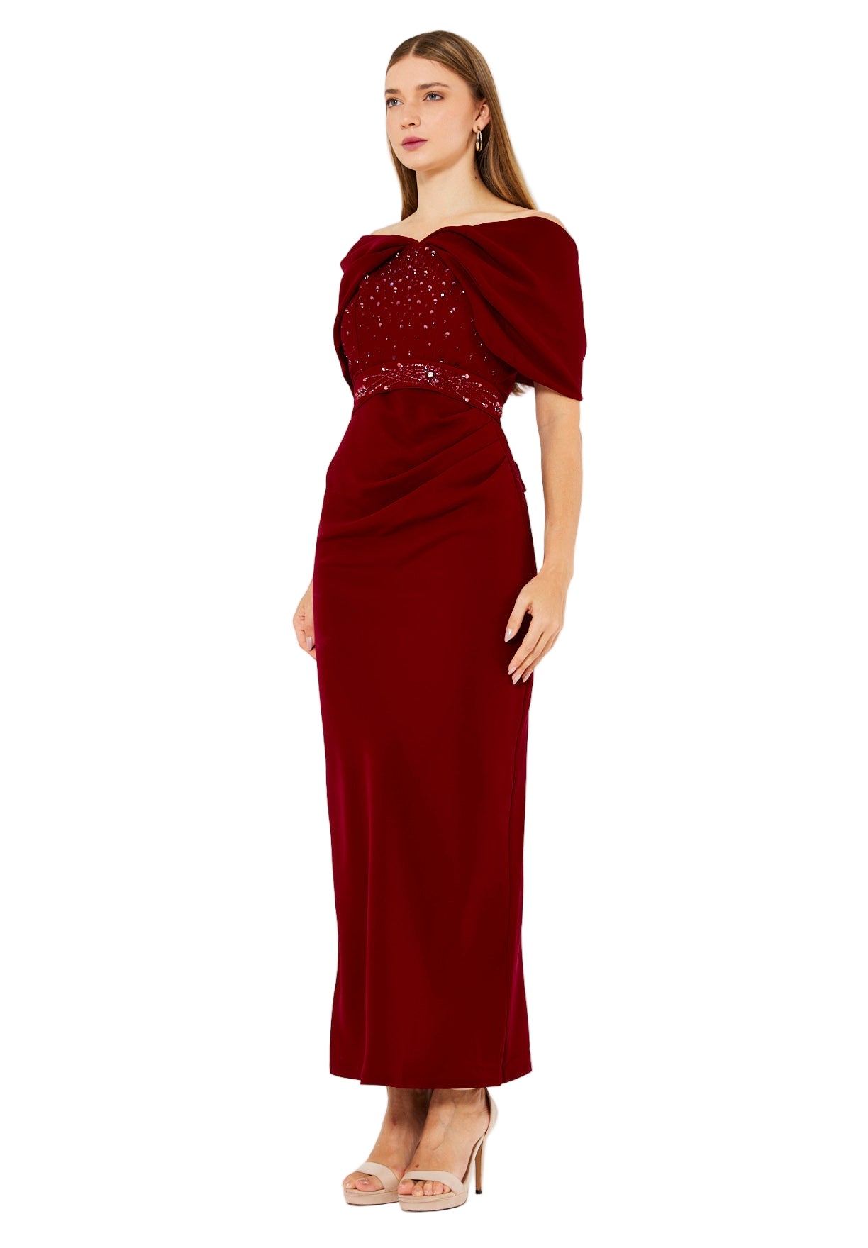 Off-The-Shoulder Draped Embellished Crepe Gown