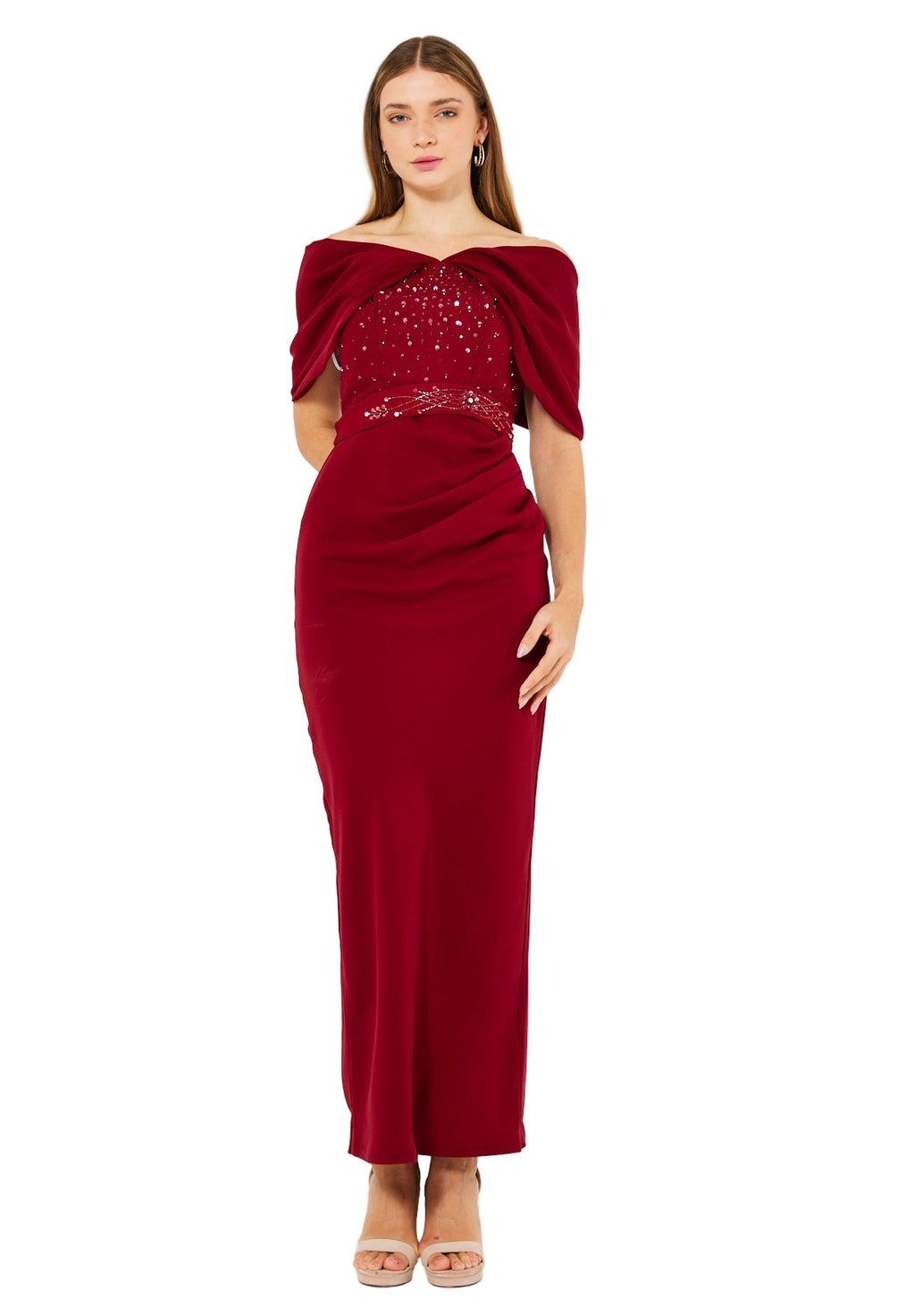 Off-The-Shoulder Draped Embellished Crepe Gown