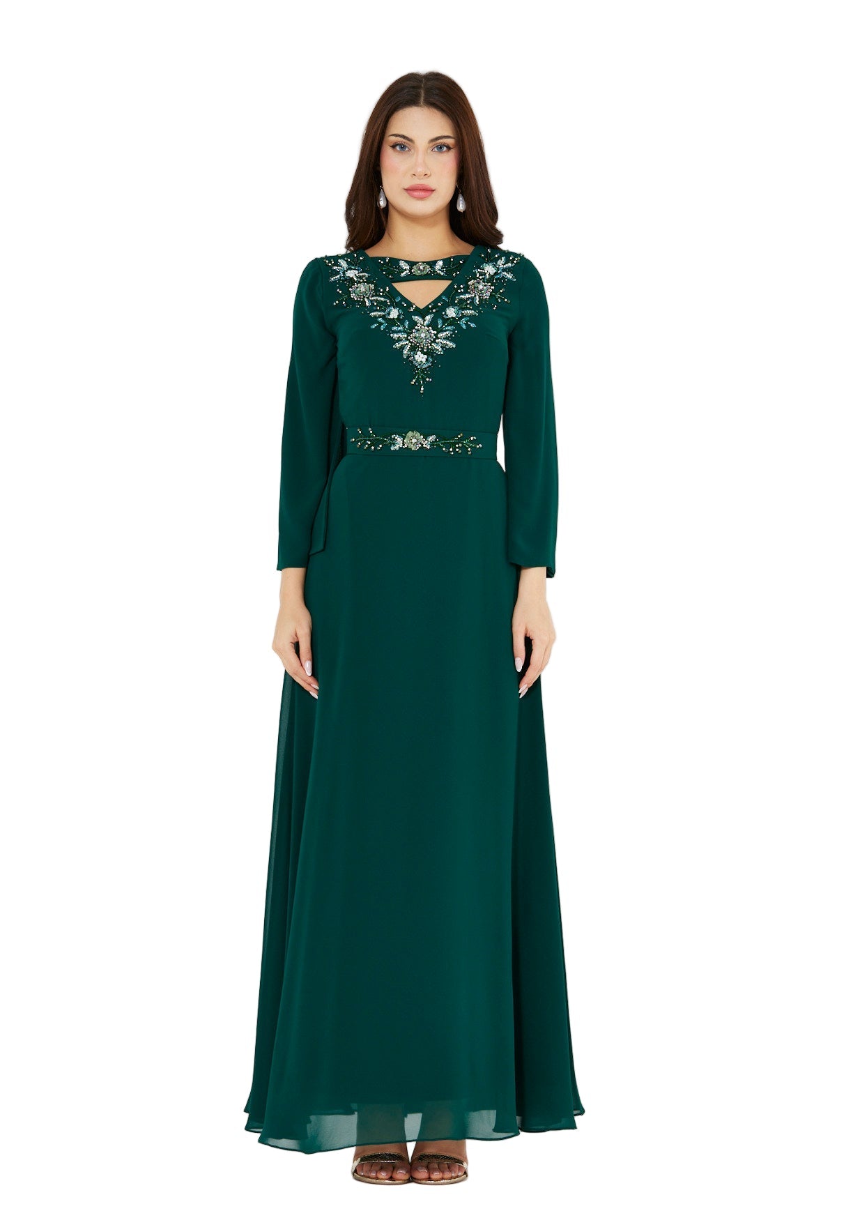 Regal Embellished Crepe Gown with Cut-out Neckline