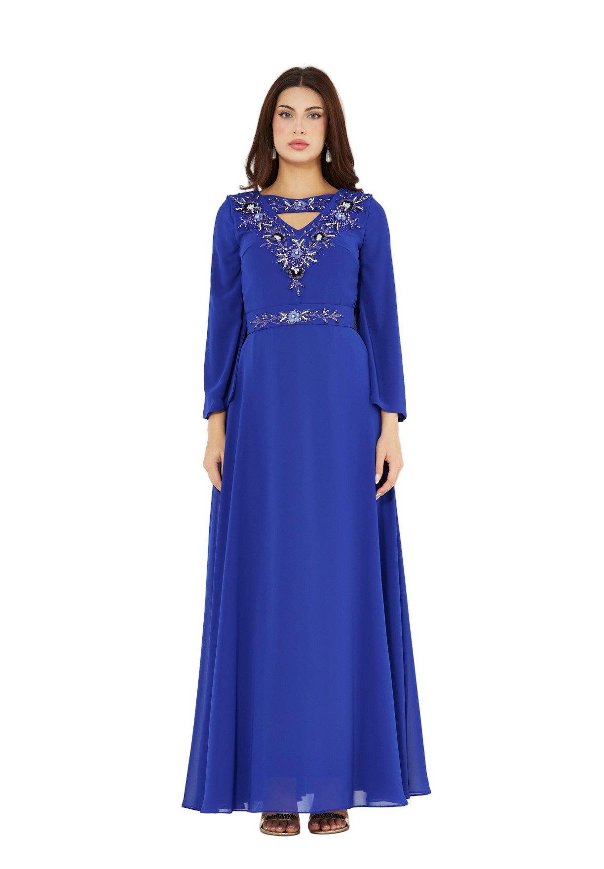 Regal Embellished Crepe Gown with Cut-out Neckline