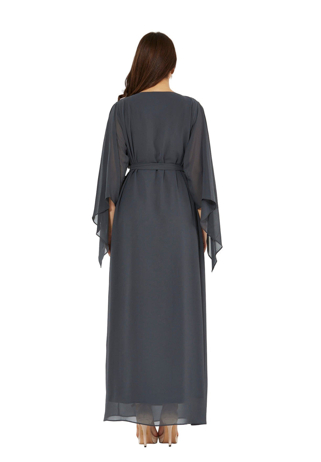Seraphina Cape-Sleeve Gown with Radiant Bead Embellishment