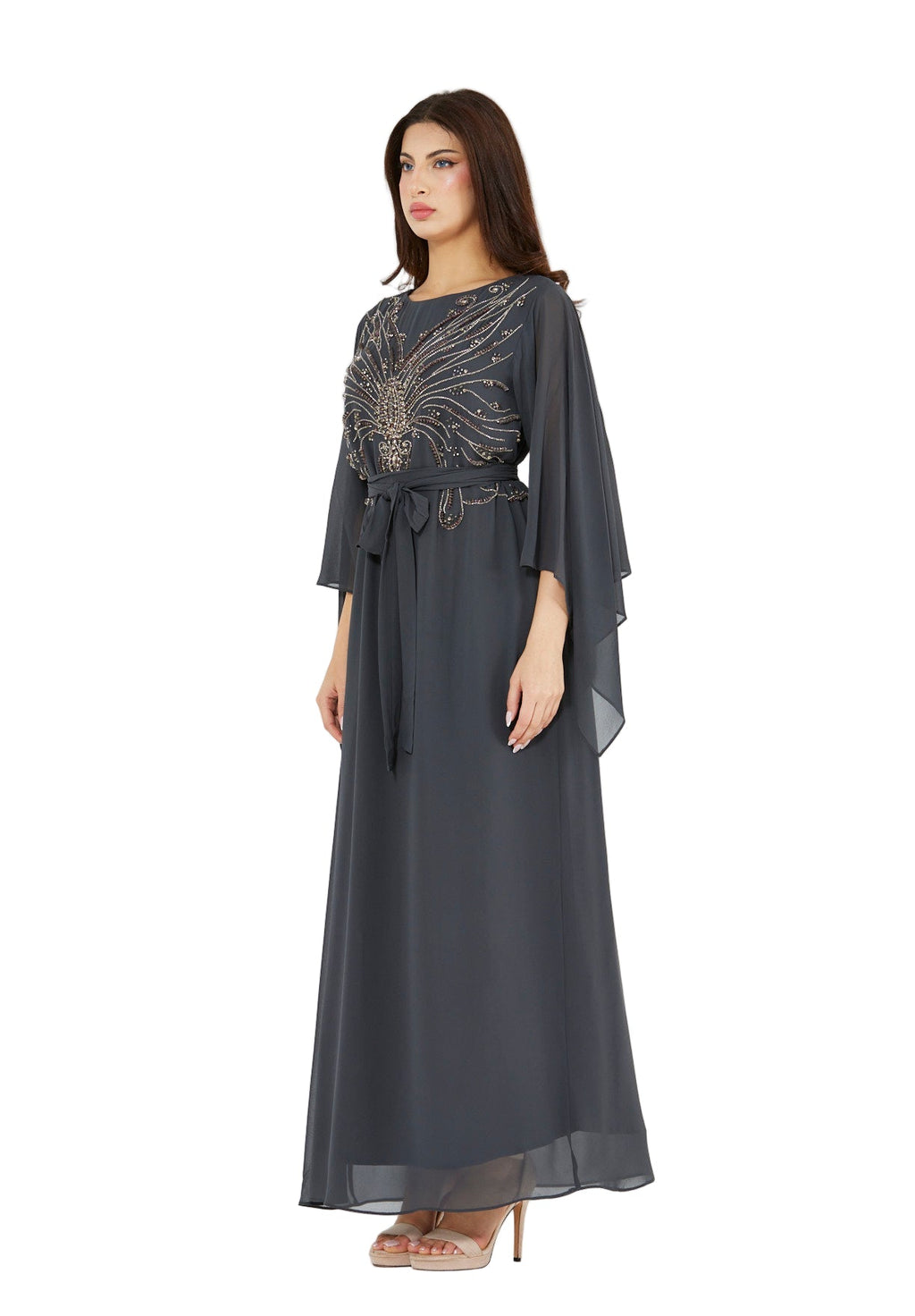 Seraphina Cape-Sleeve Gown with Radiant Bead Embellishment