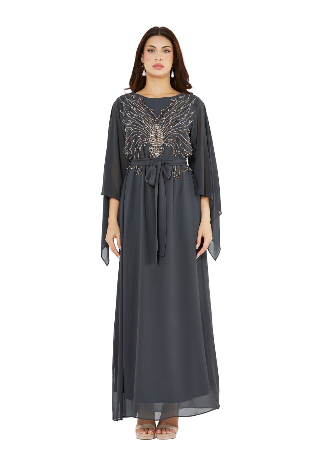 Seraphina Cape-Sleeve Gown with Radiant Bead Embellishment
