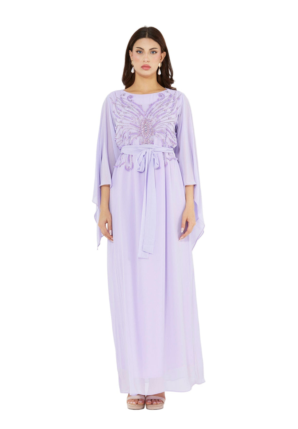 Seraphina Cape-Sleeve Gown with Radiant Bead Embellishment