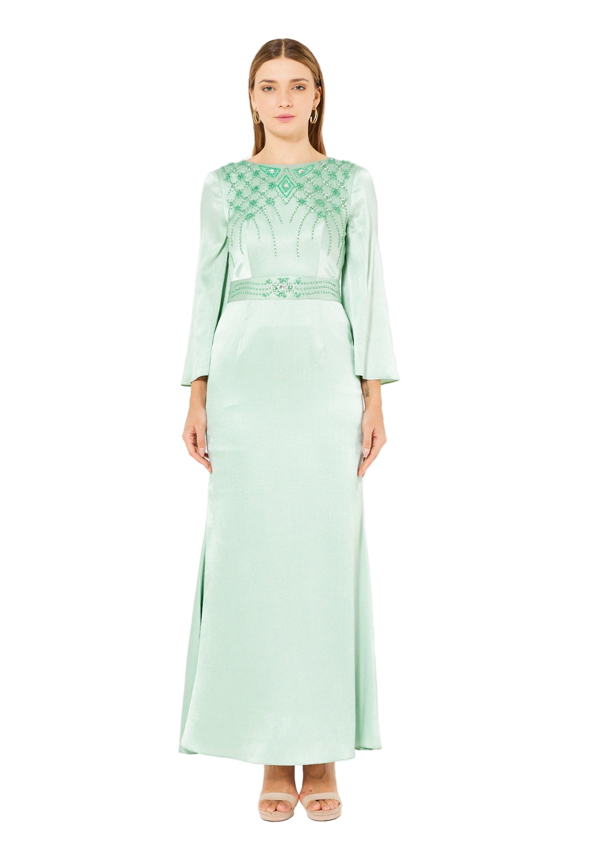 Geometric Embellished Luminous Structured Gown in Satin