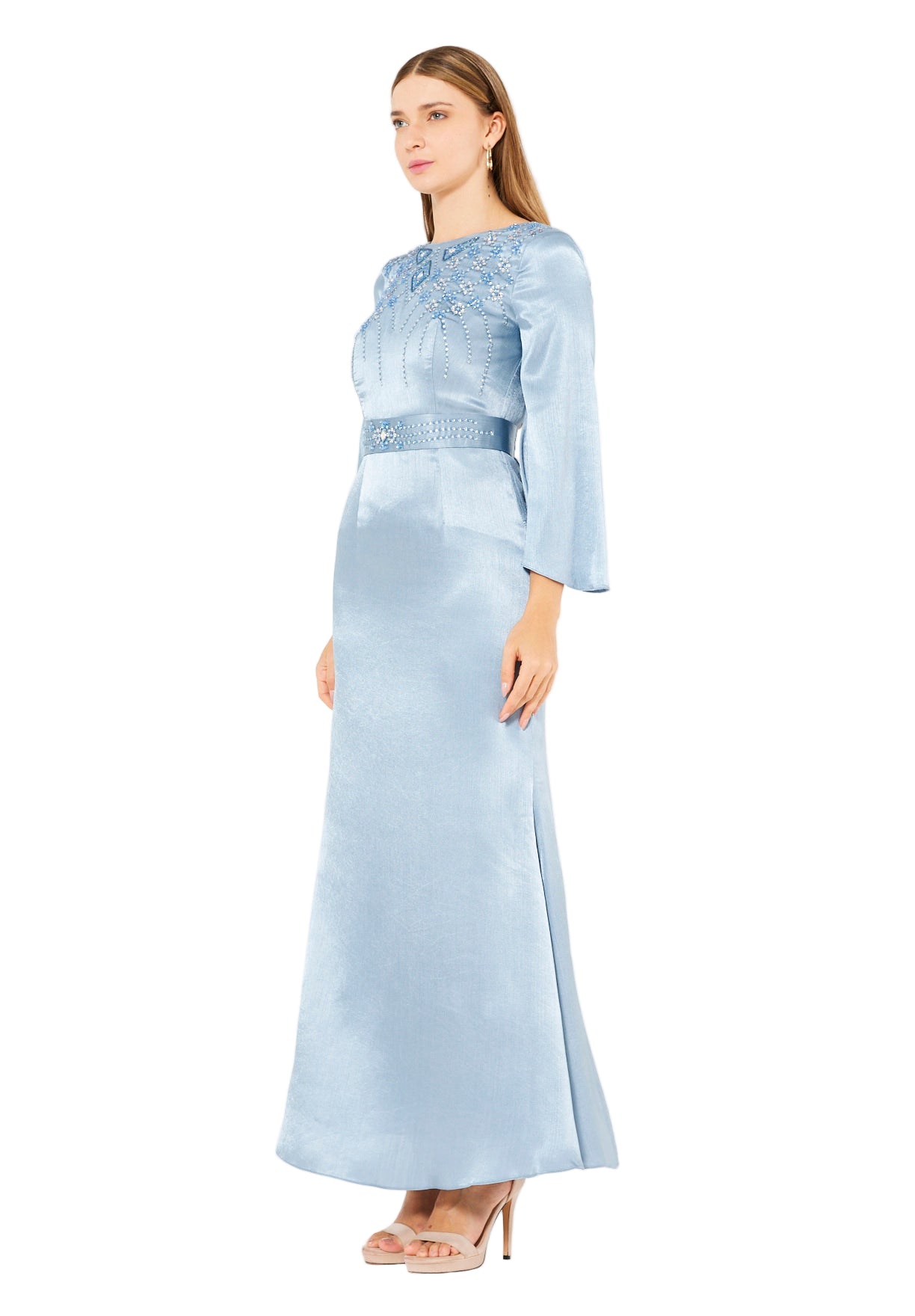 Geometric Embellished Luminous Structured Gown in Satin