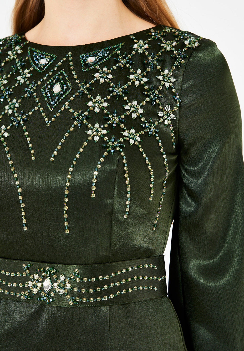 Geometric Embellished Luminous Structured Gown in Satin