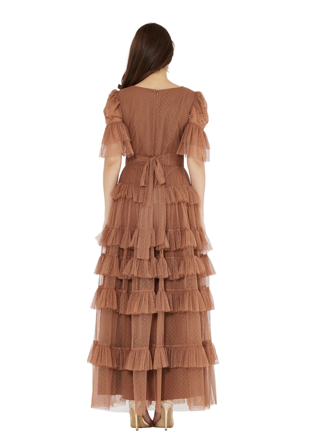 Embellished Ruffle Tiered Gown in Dot Tulle