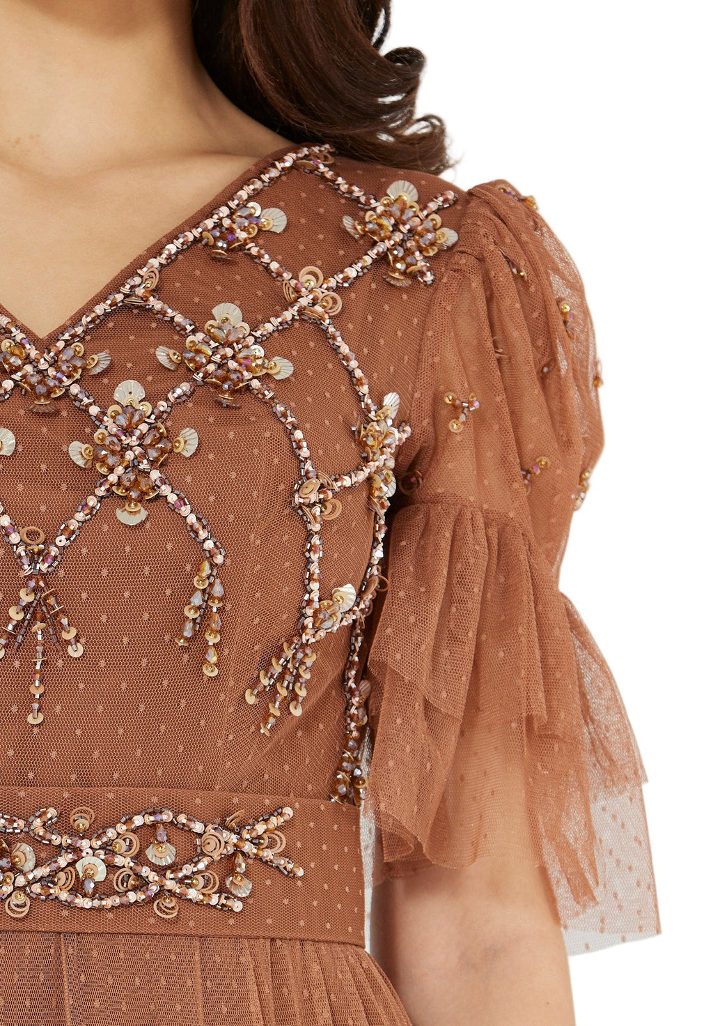 Embellished Ruffle Tiered Gown in Dot Tulle