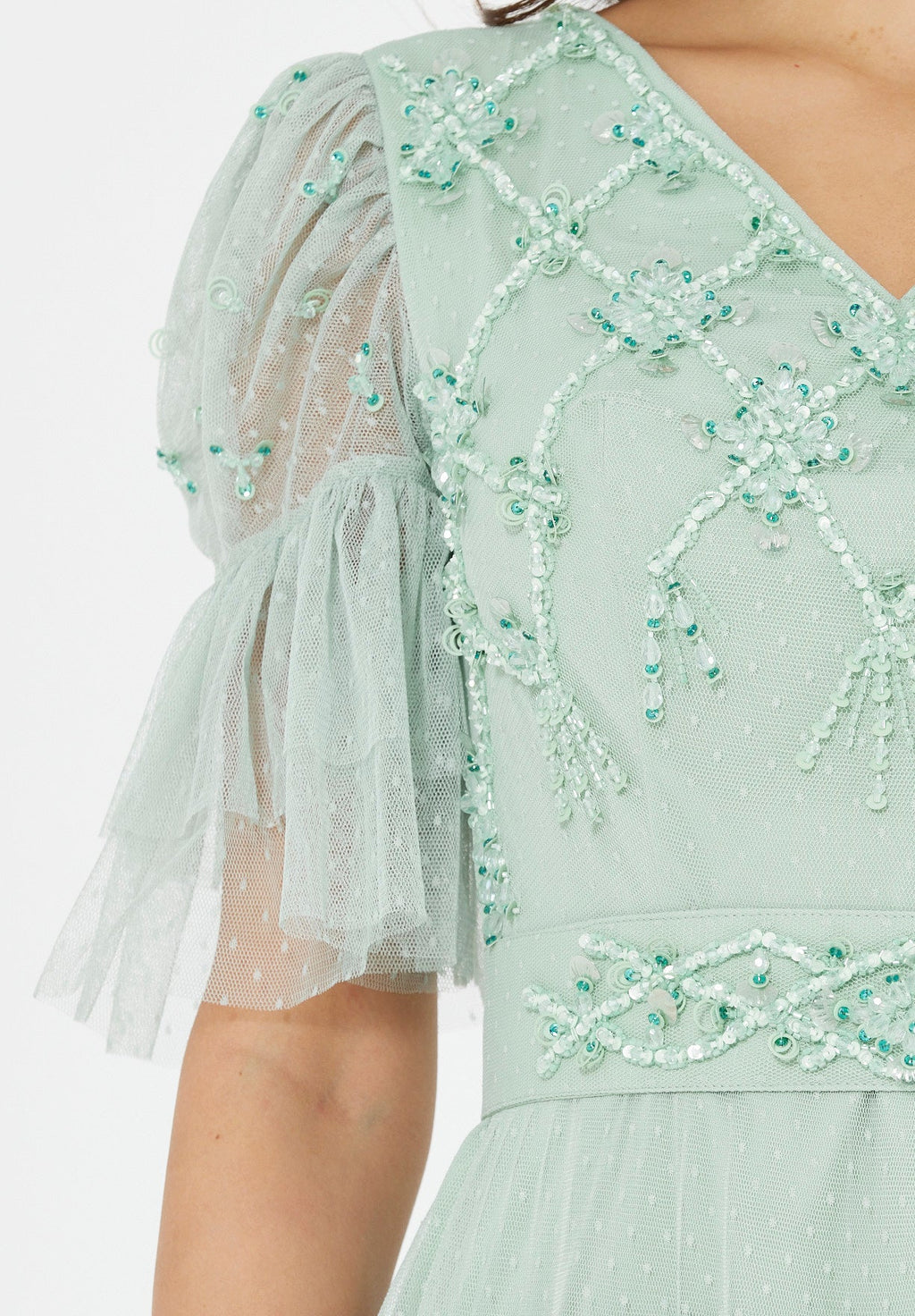 Embellished Ruffle Tiered Gown in Dot Tulle