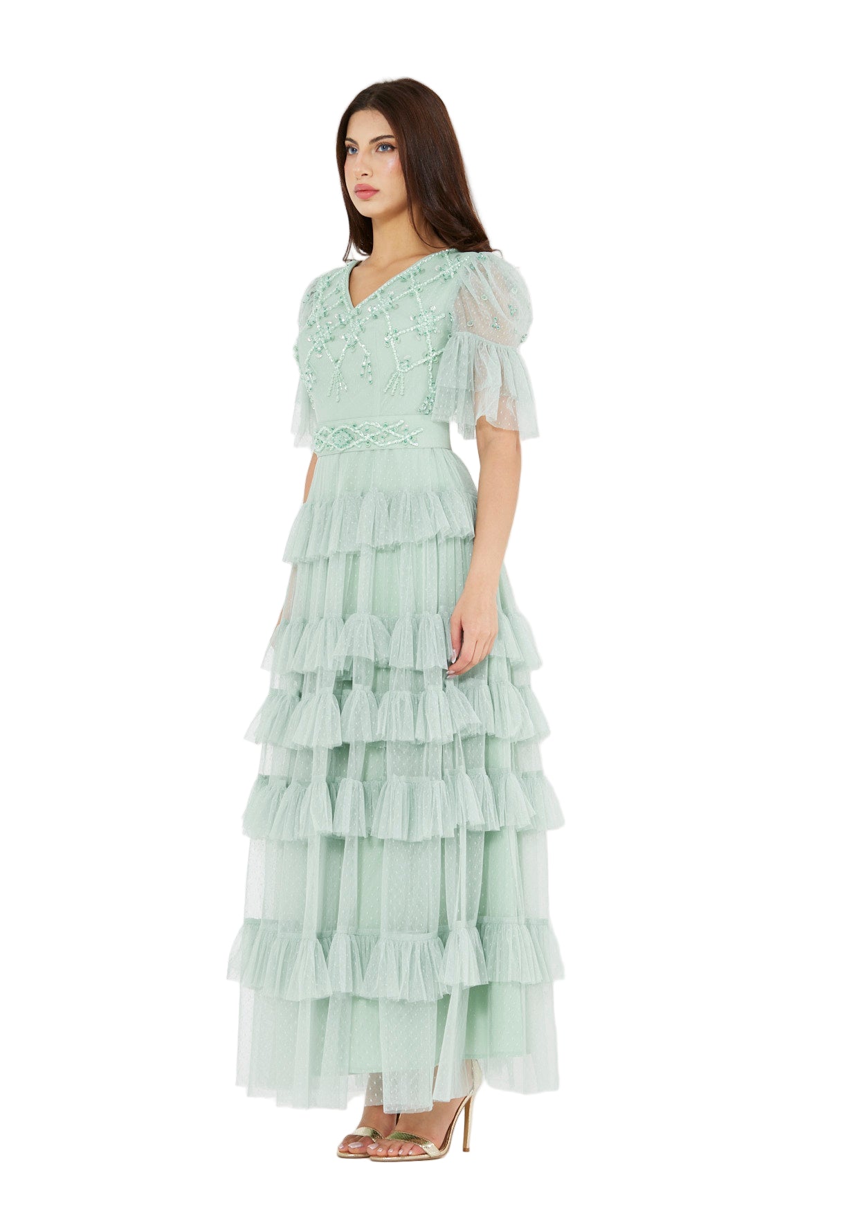 Embellished Ruffle Tiered Gown in Dot Tulle