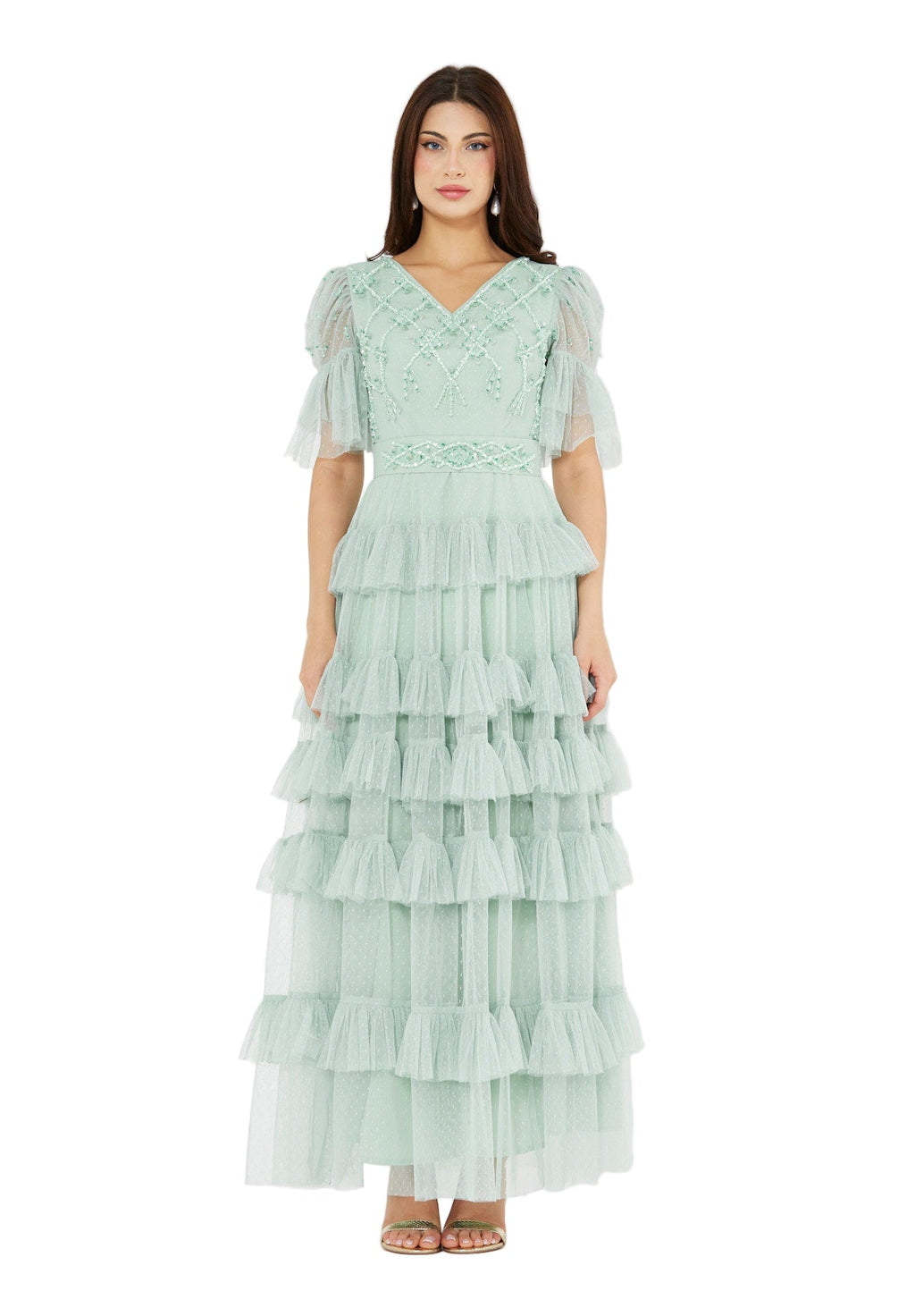 Embellished Ruffle Tiered Gown in Dot Tulle