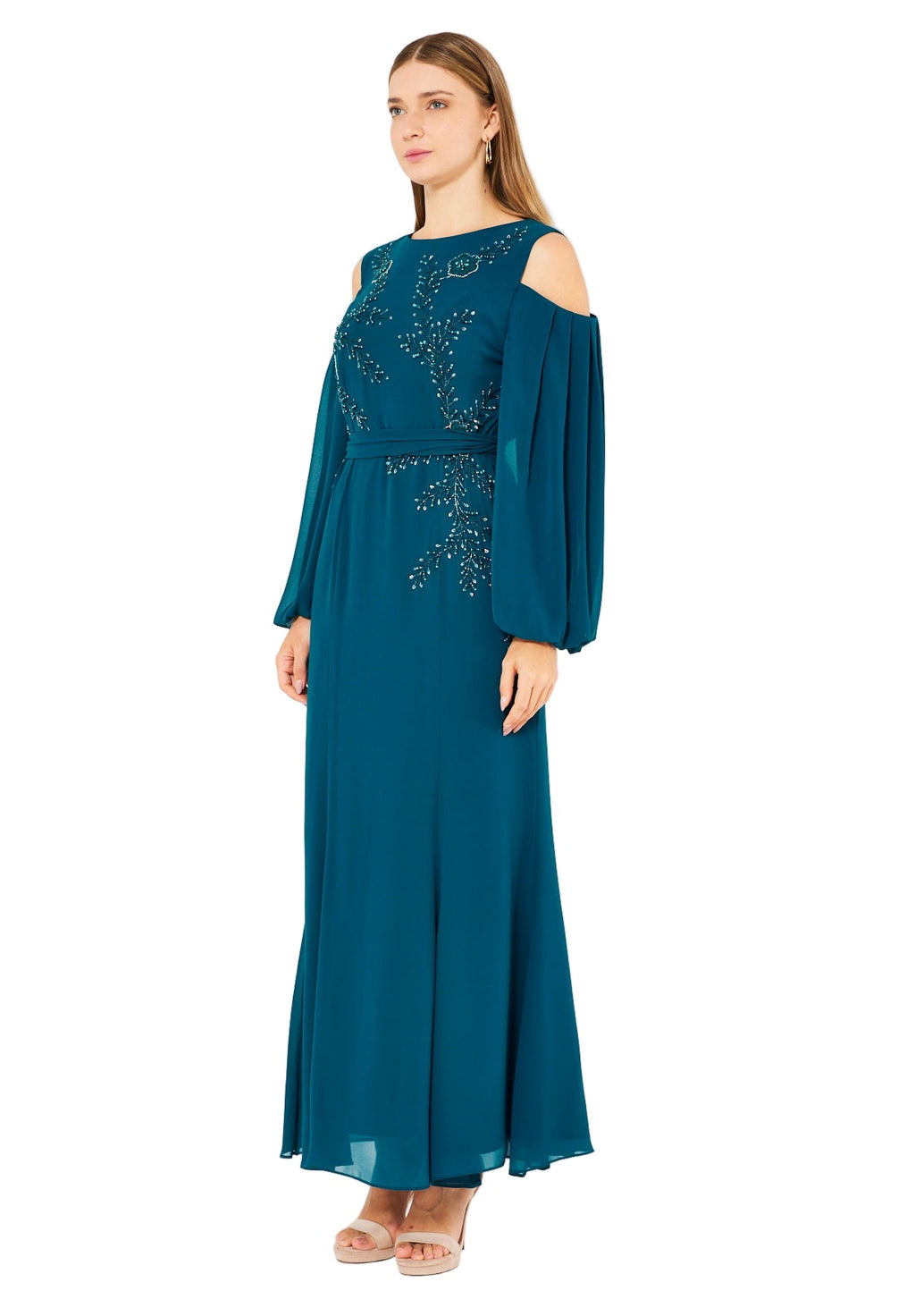 Ethereal Embellished Cold-Shoulder Gown in Crepe