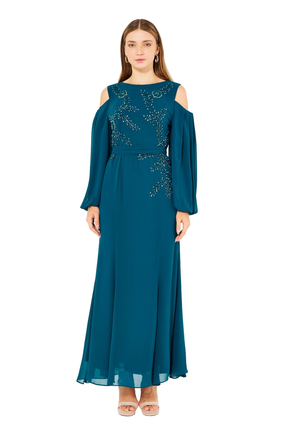 Ethereal Embellished Cold-Shoulder Gown in Crepe