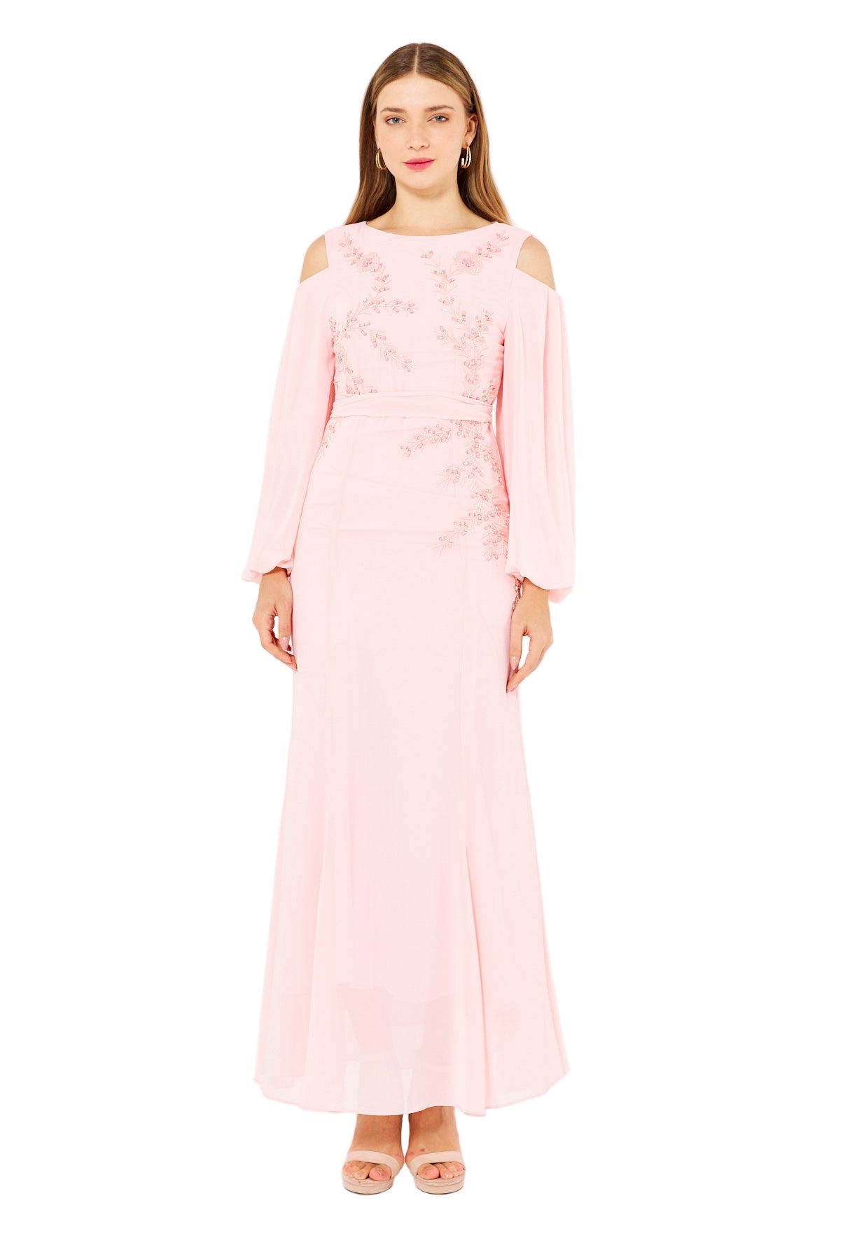 Ethereal Embellished Cold-Shoulder Gown in Crepe