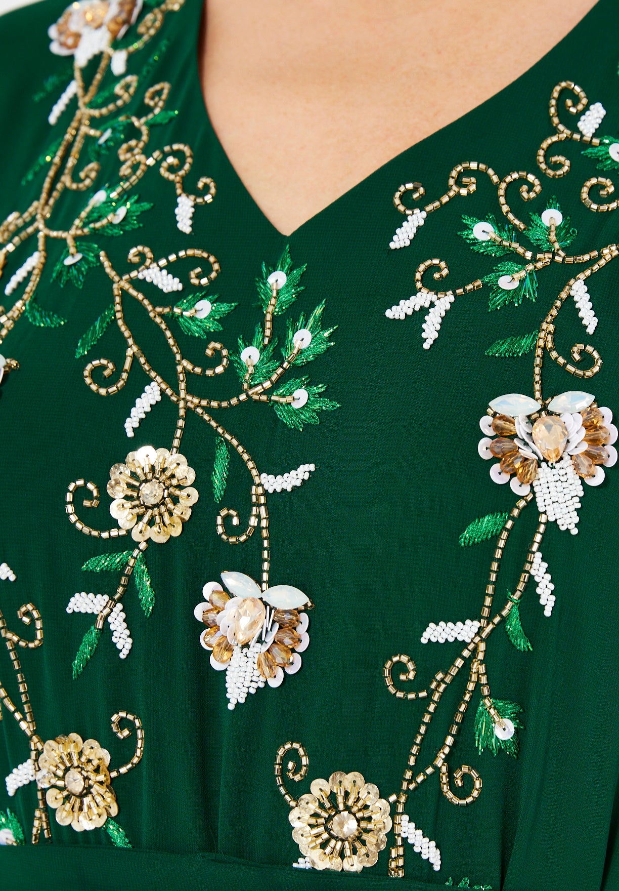 Emerald Blossom Embroidered Chiffon Gown