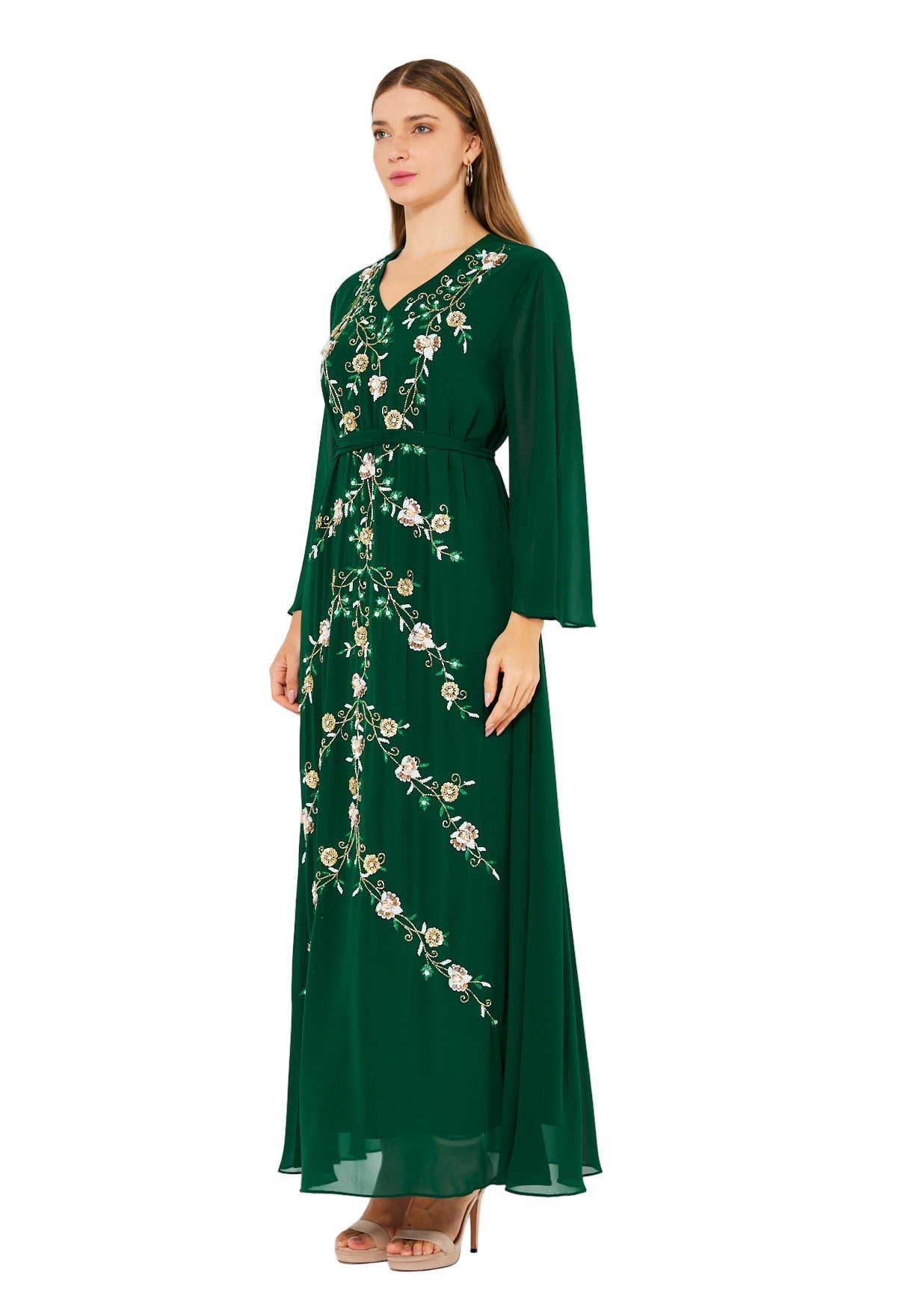Emerald Blossom Embroidered Chiffon Gown