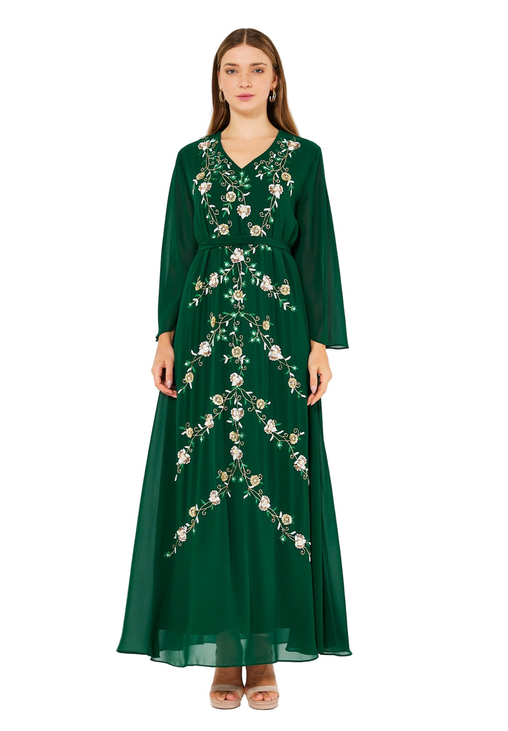 Emerald Blossom Embroidered Chiffon Gown