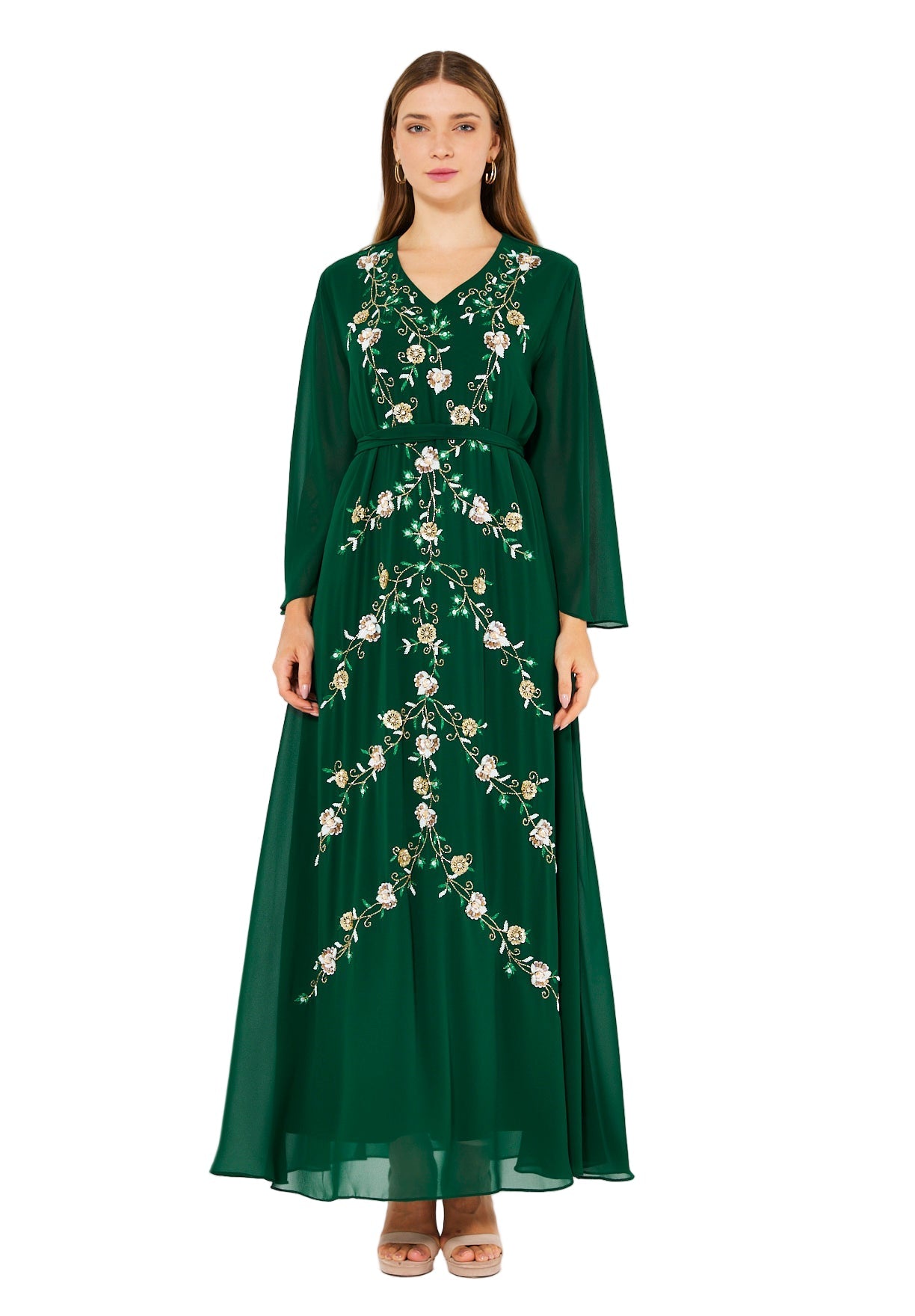 Emerald Blossom Embroidered Chiffon Gown