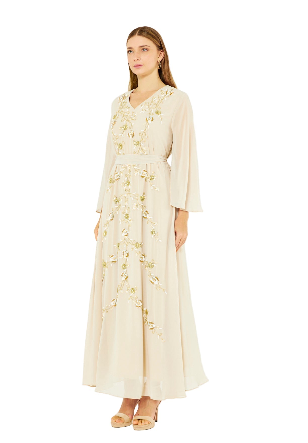 Emerald Blossom Embroidered Chiffon Gown