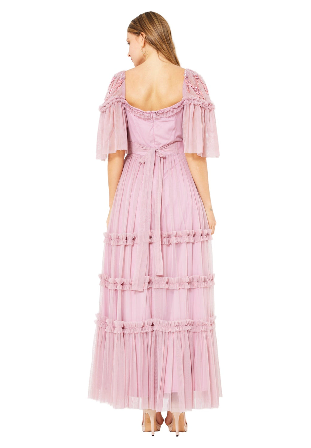 Tiered Tulle Gown with Floral Embellishment