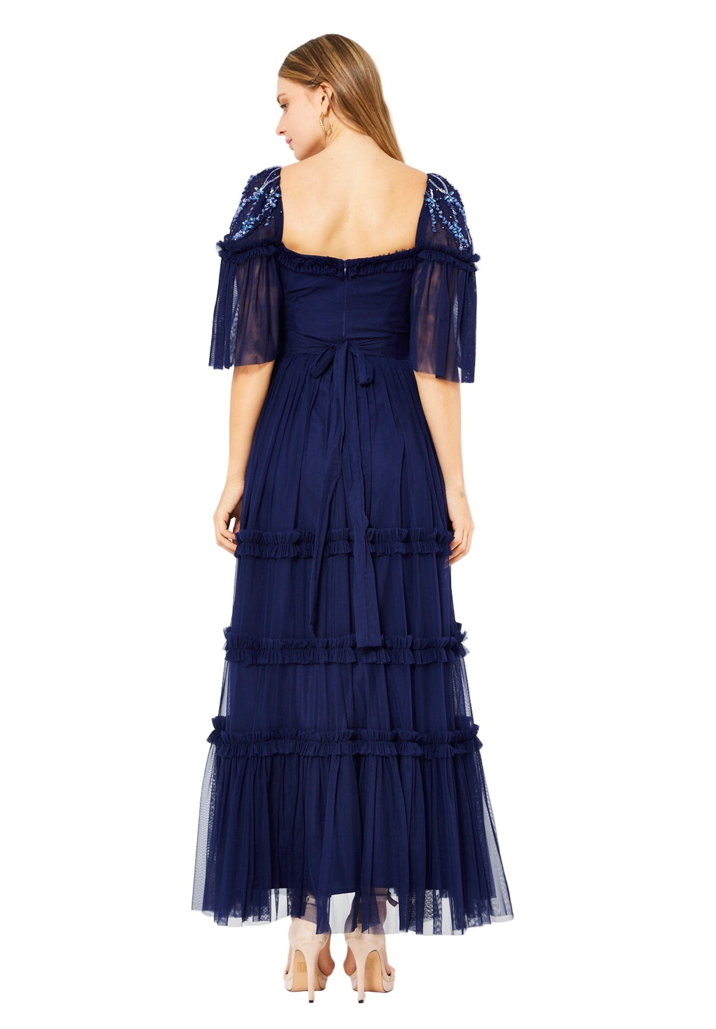 Tiered Tulle Gown with Floral Embellishment