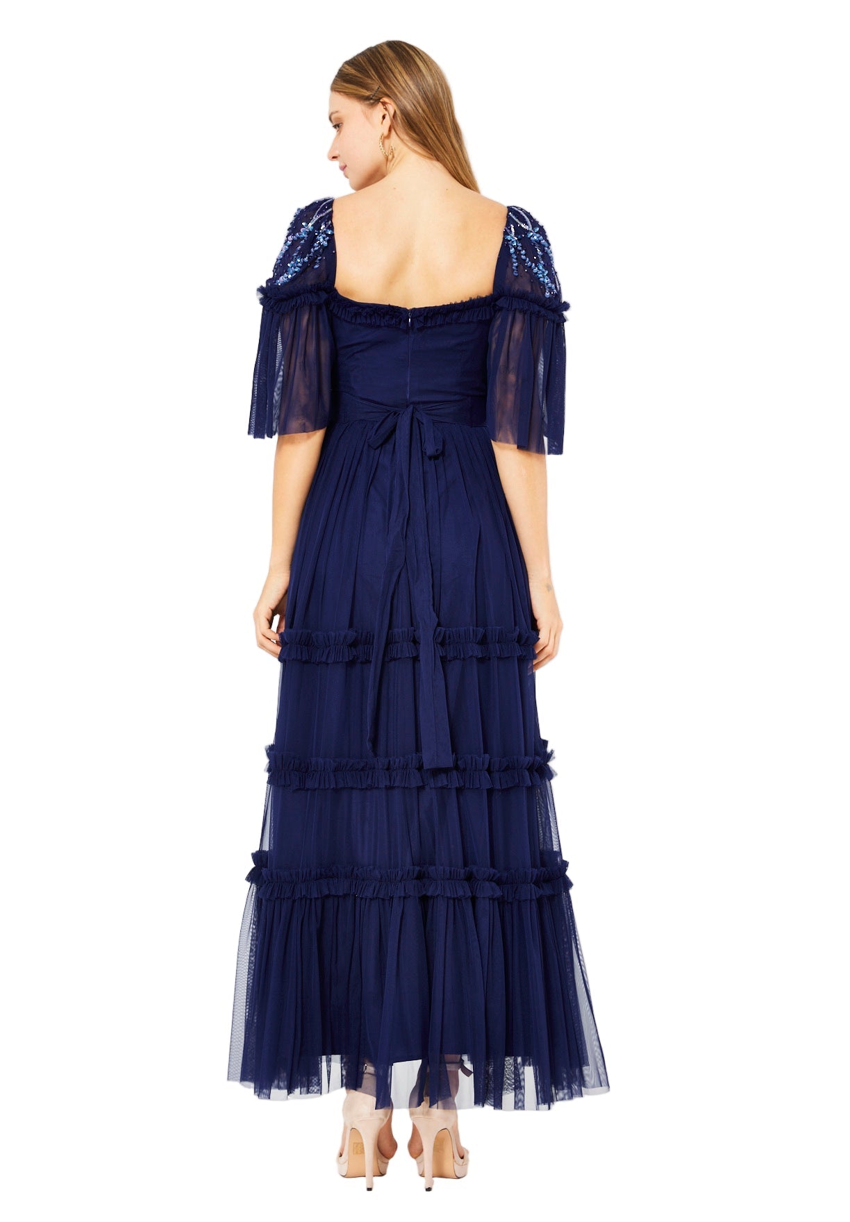 Tiered Tulle Gown with Floral Embellishment