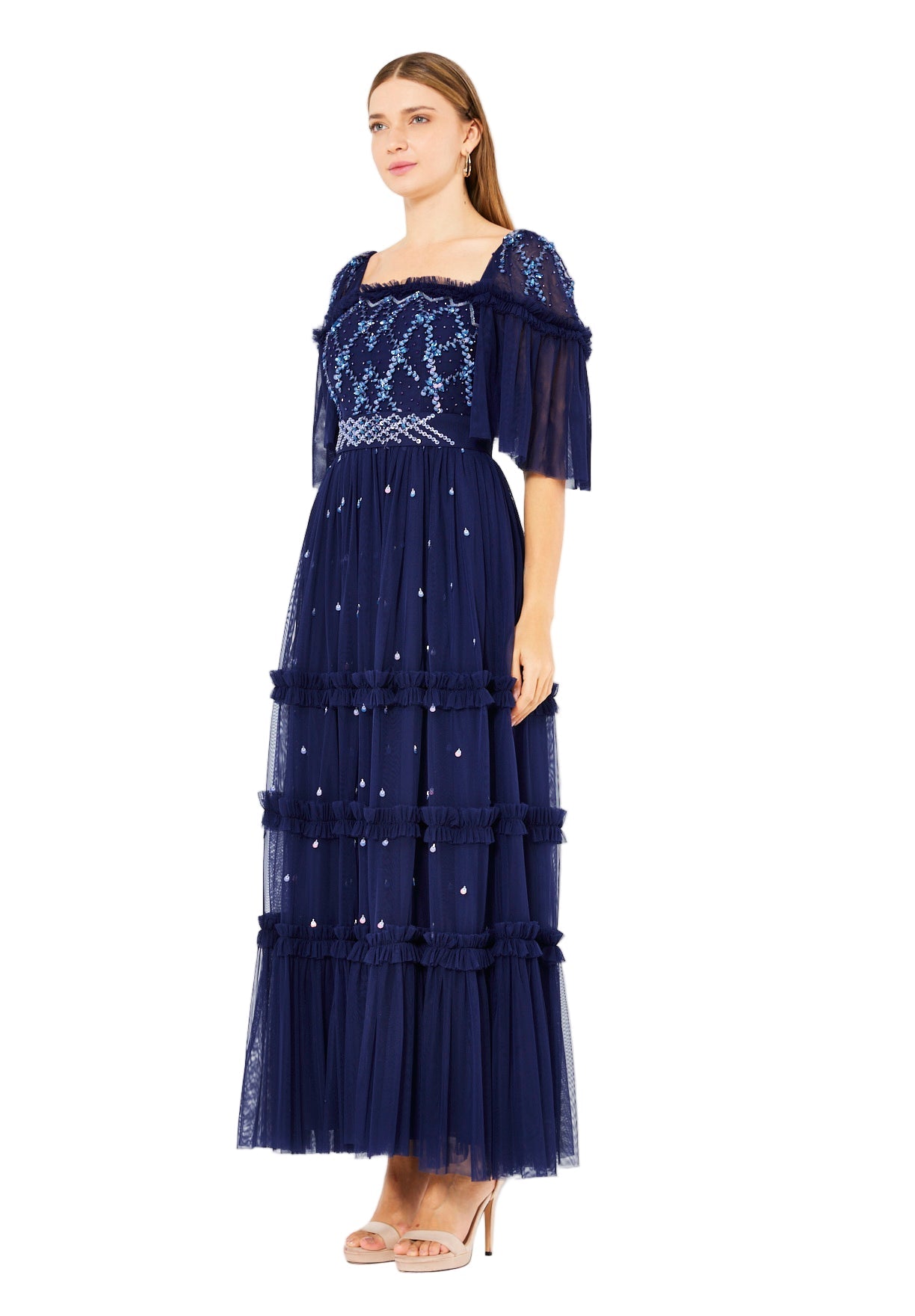 Tiered Tulle Gown with Floral Embellishment