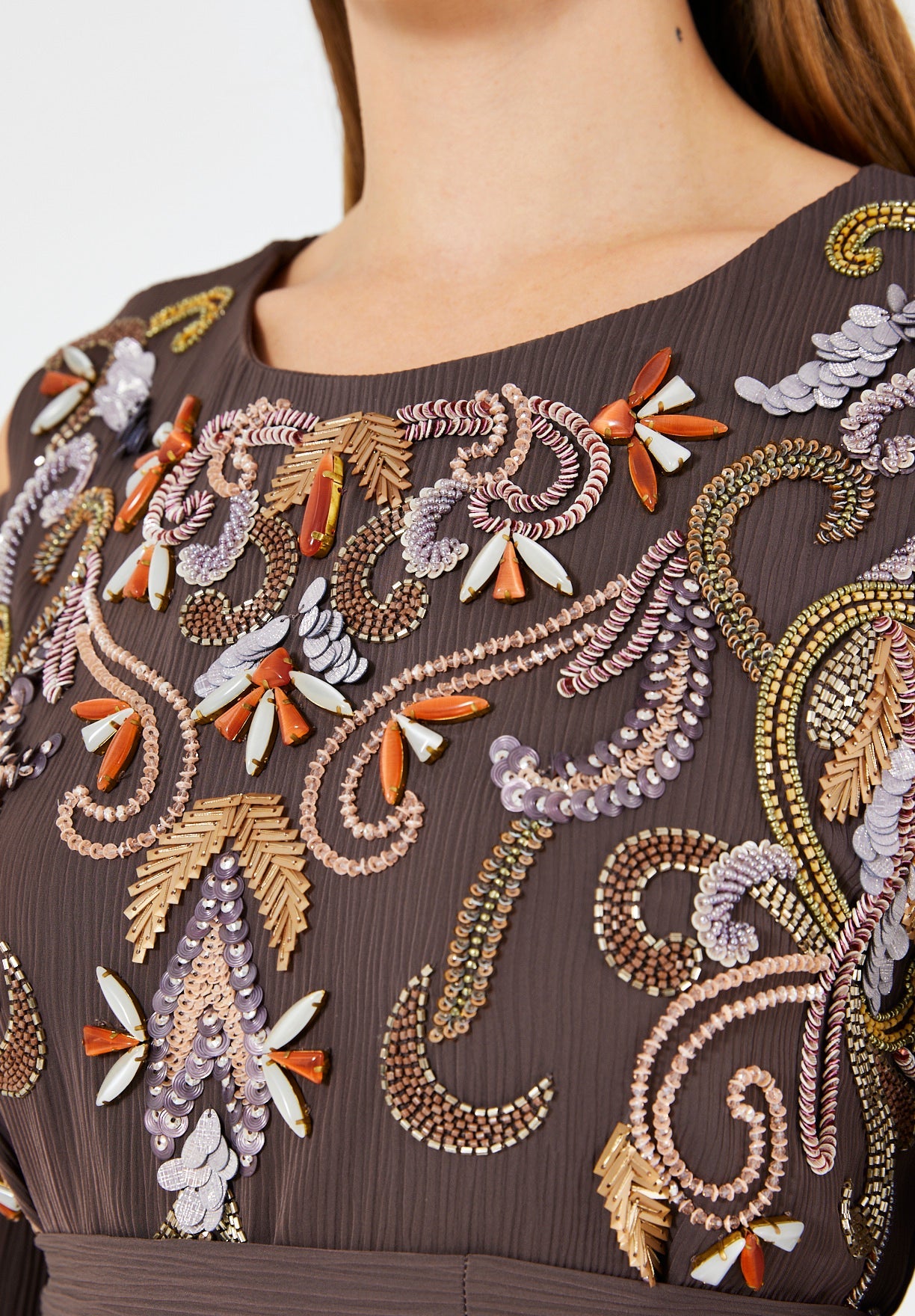 Multicolored Embellished Cold Shoulder Dress in Crinkle Chiffon