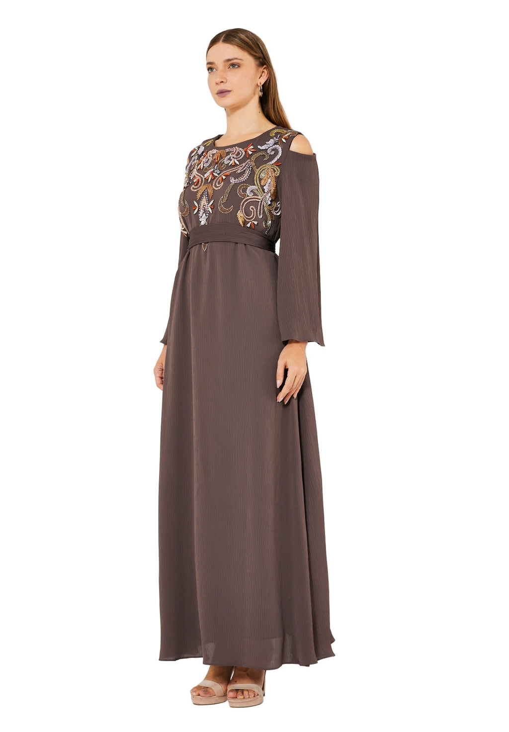 Multicolored Embellished Cold Shoulder Dress in Crinkle Chiffon