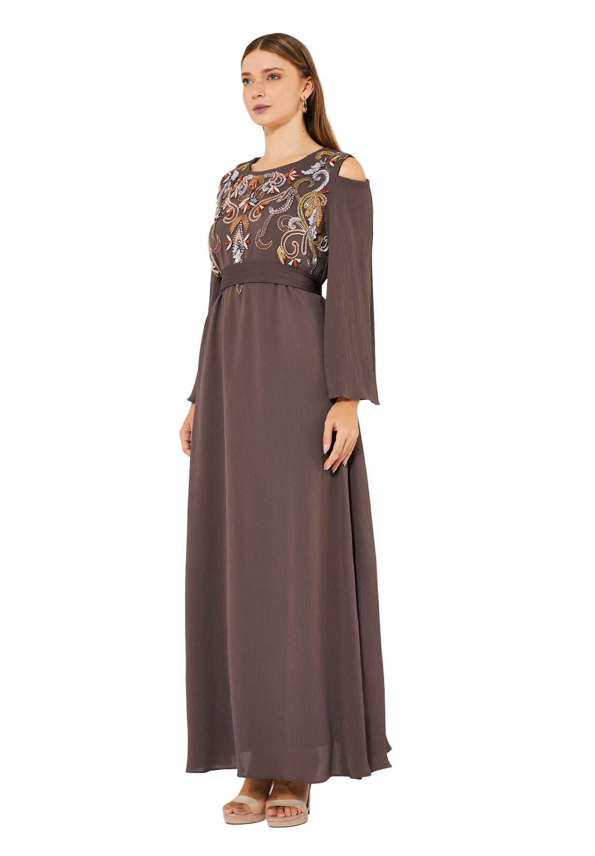 Multicolored Embellished Cold Shoulder Dress in Crinkle Chiffon