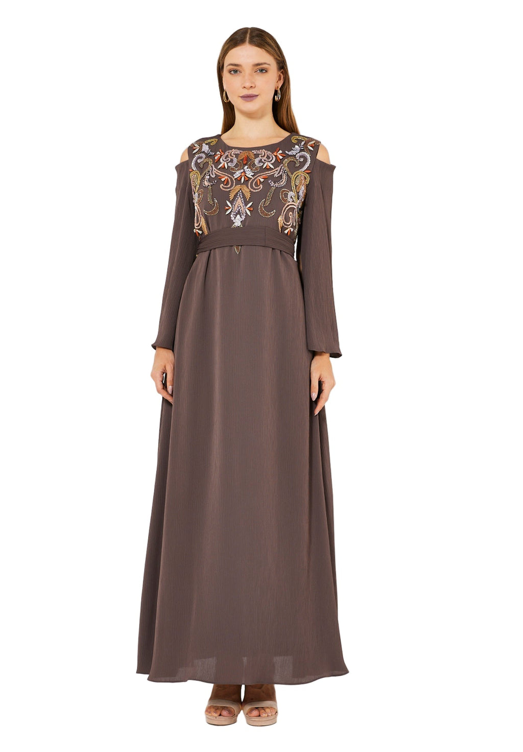 Multicolored Embellished Cold Shoulder Dress in Crinkle Chiffon