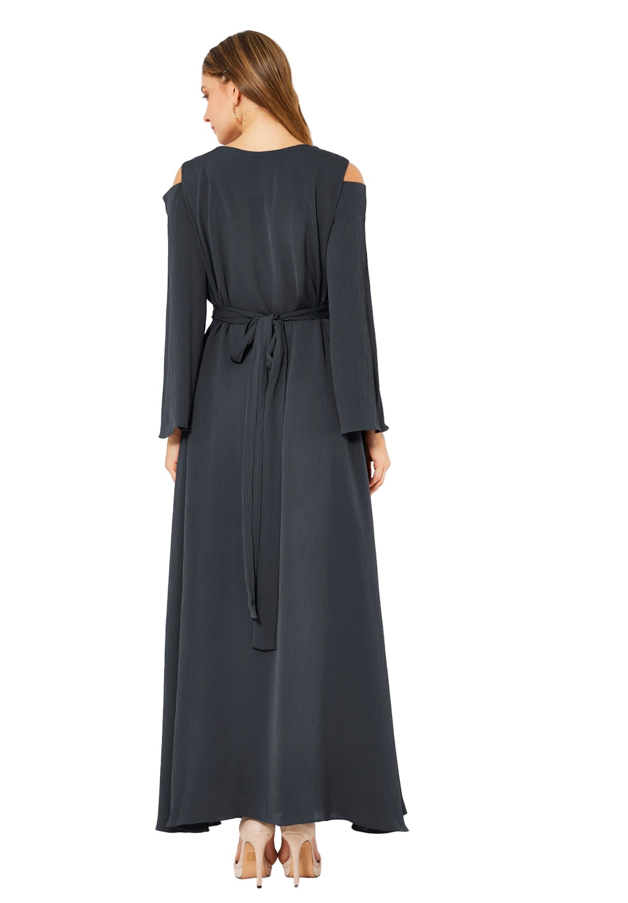 Multicolored Embellished Cold Shoulder Dress in Crinkle Chiffon