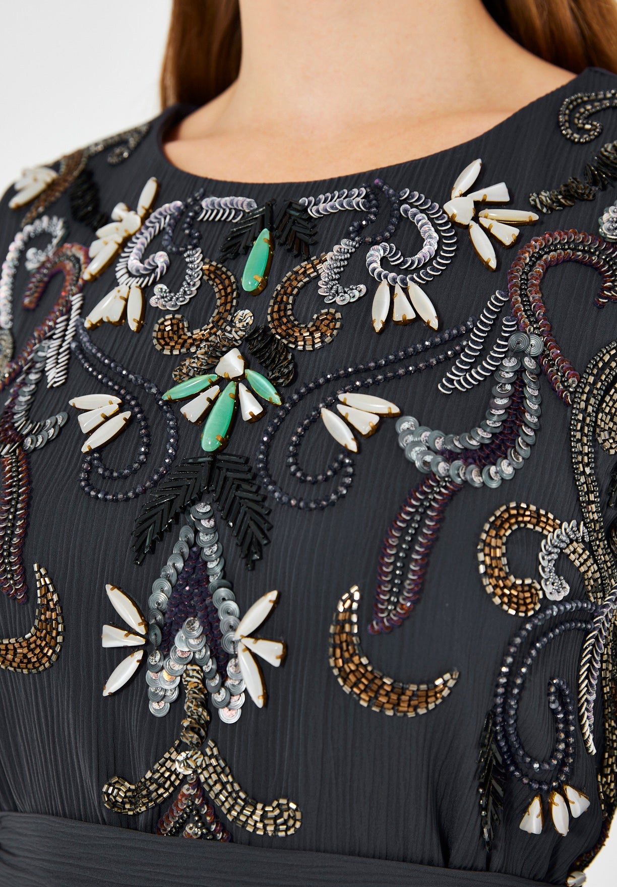 Multicolored Embellished Cold Shoulder Dress in Crinkle Chiffon