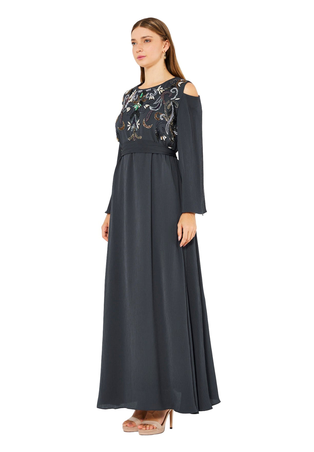 Multicolored Embellished Cold Shoulder Dress in Crinkle Chiffon