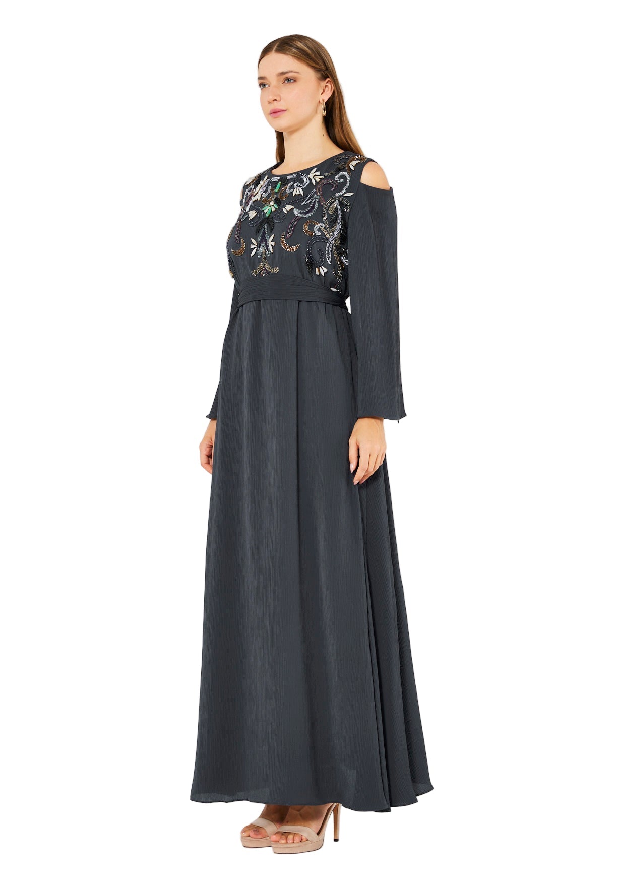 Multicolored Embellished Cold Shoulder Dress in Crinkle Chiffon