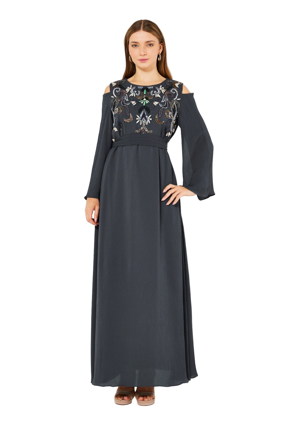 Multicolored Embellished Cold Shoulder Dress in Crinkle Chiffon