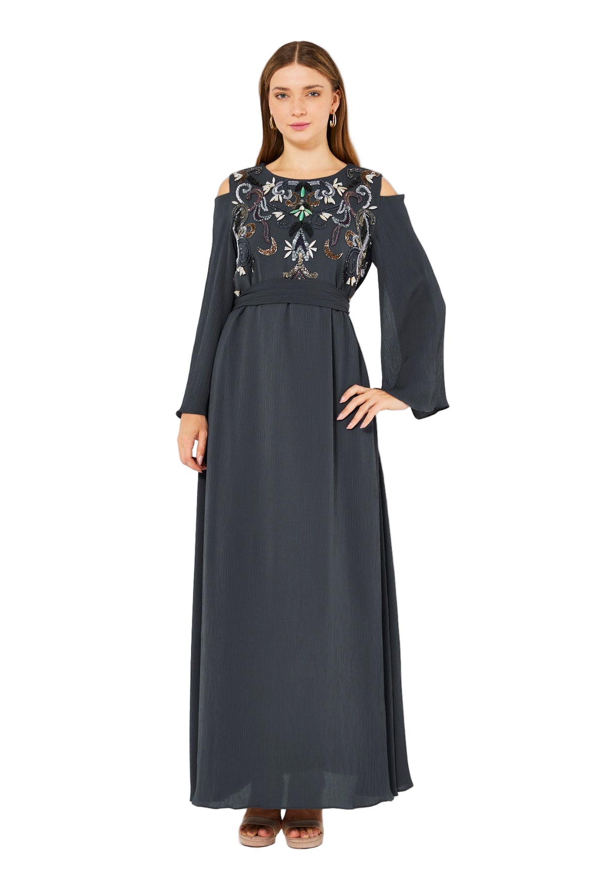 Multicolored Embellished Cold Shoulder Dress in Crinkle Chiffon