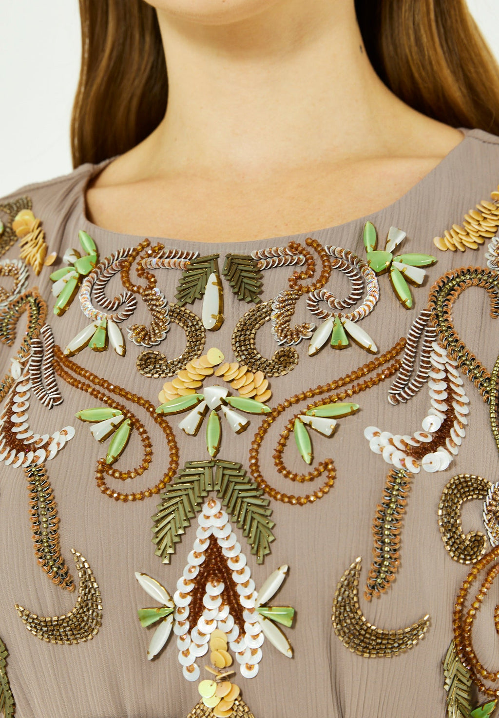 Multicolored Embellished Cold Shoulder Dress in Crinkle Chiffon