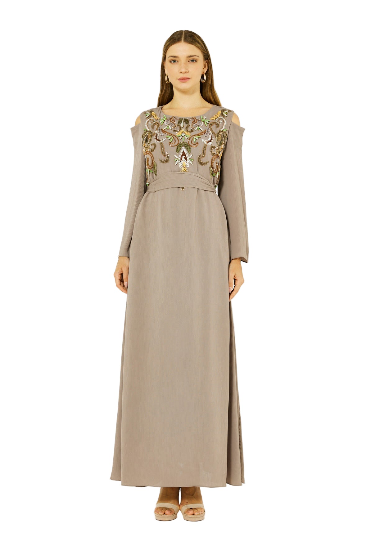 Multicolored Embellished Cold Shoulder Dress in Crinkle Chiffon