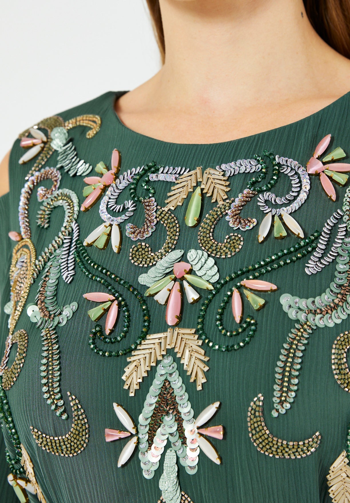 Multicolored Embellished Cold Shoulder Dress in Crinkle Chiffon