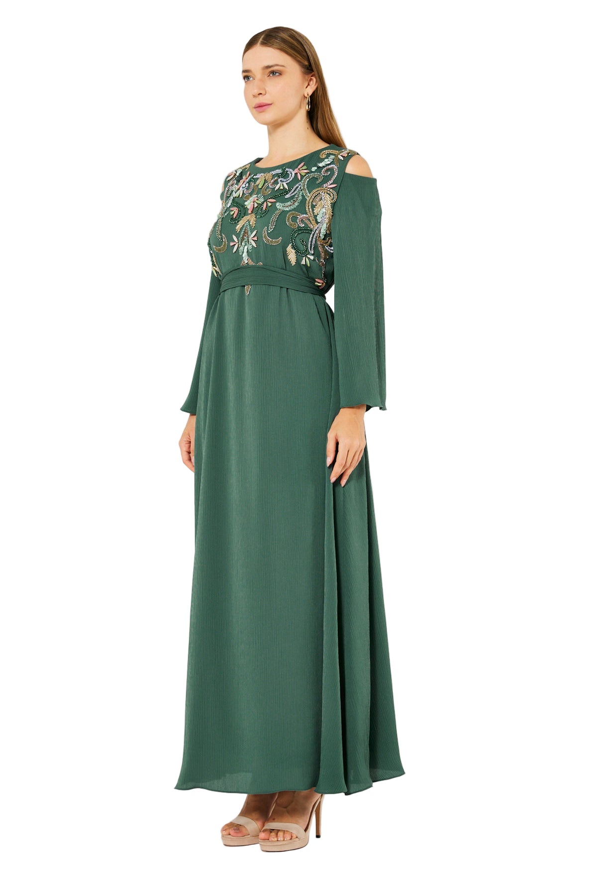 Multicolored Embellished Cold Shoulder Dress in Crinkle Chiffon