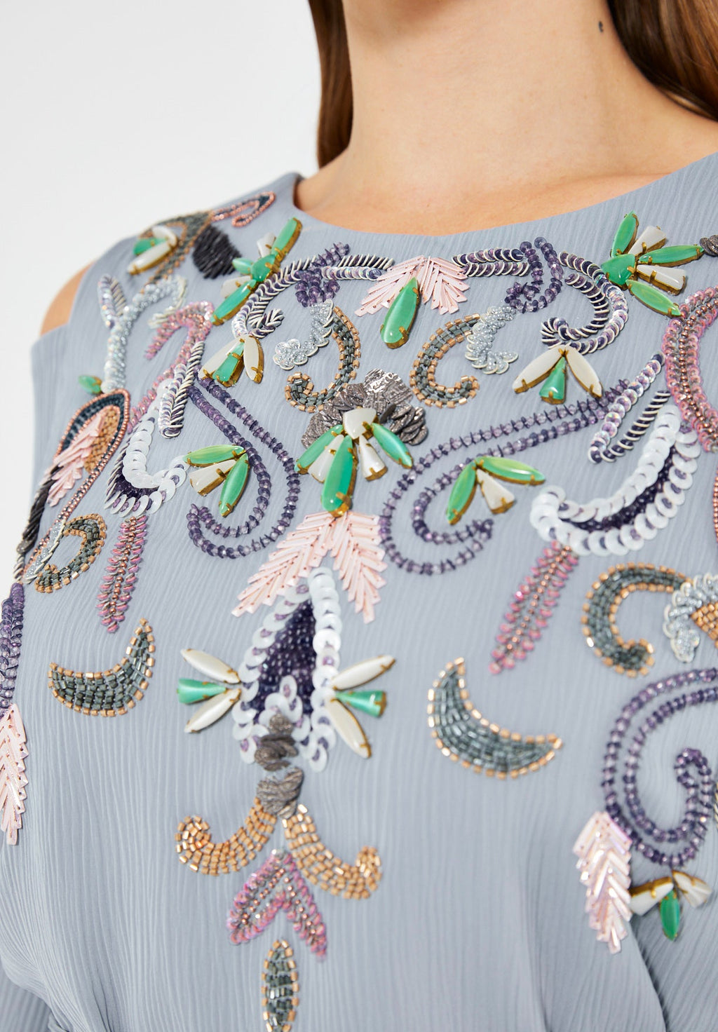 Multicolored Embellished Cold Shoulder Dress in Crinkle Chiffon