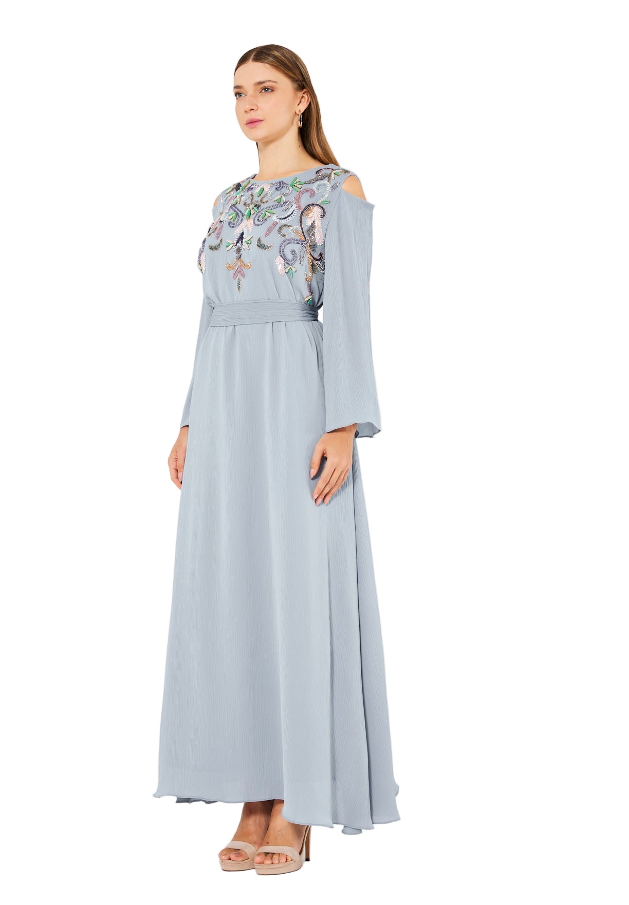 Multicolored Embellished Cold Shoulder Dress in Crinkle Chiffon